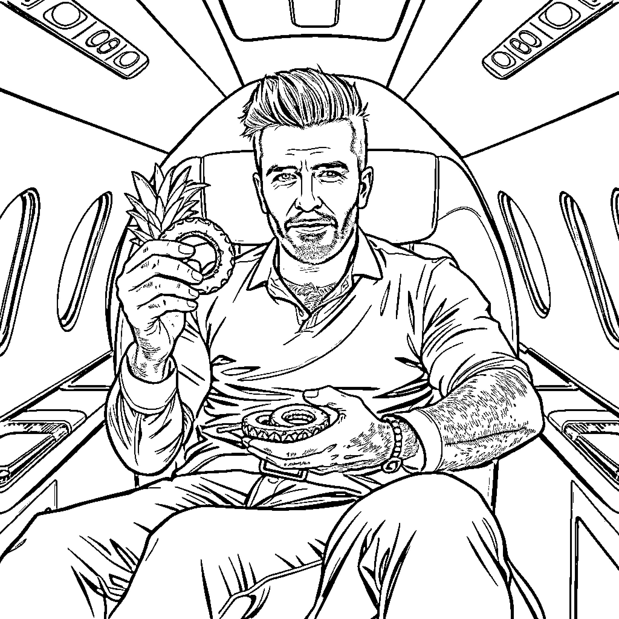 David Beckham enjoying a healthy snack in a futuristic setting Coloring Page (free black-and-white line drawing printable PDF for all, from beginners to advanced learners, including children, teens, adults, and seniors)