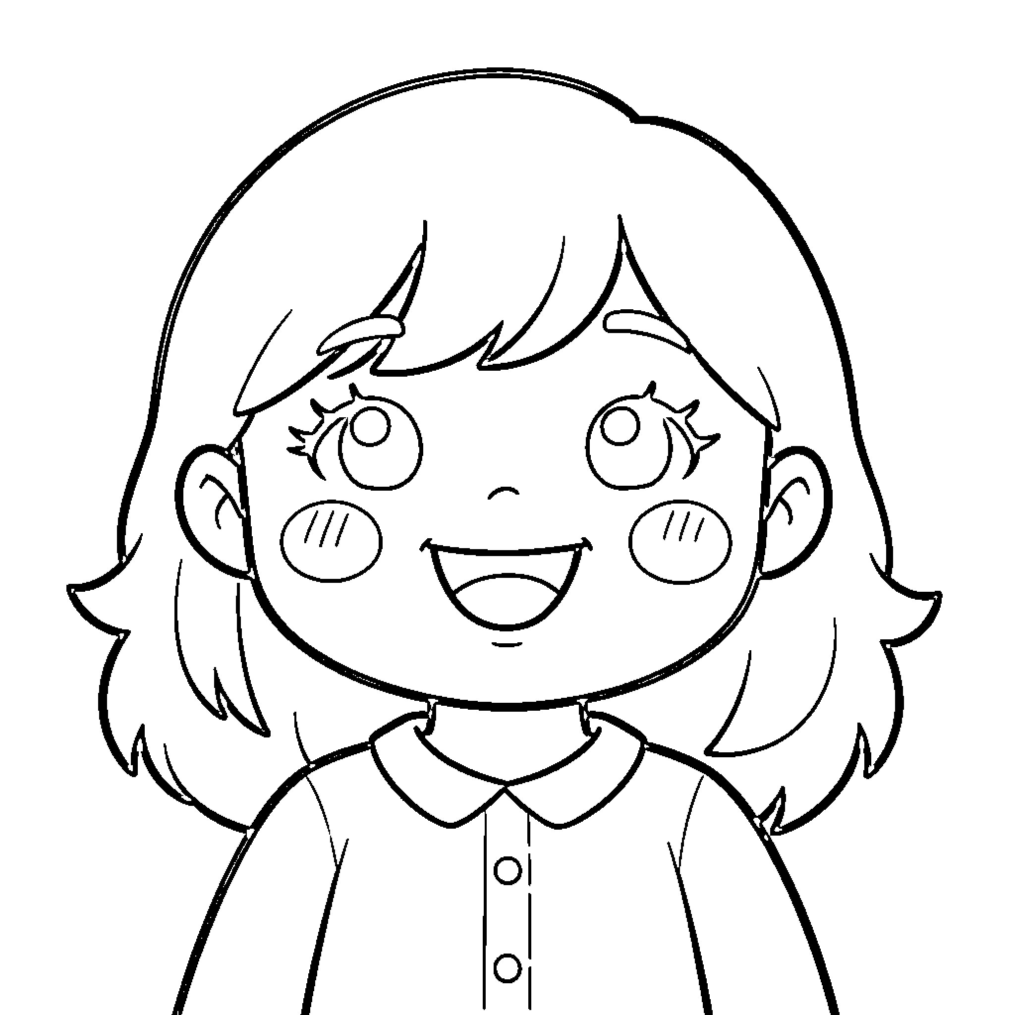 Kawaii happy girl smiling with big sparkling eyes Coloring Page (free black-and-white line drawing printable PDF for all, from beginners to advanced learners, including children, teens, adults, and seniors)