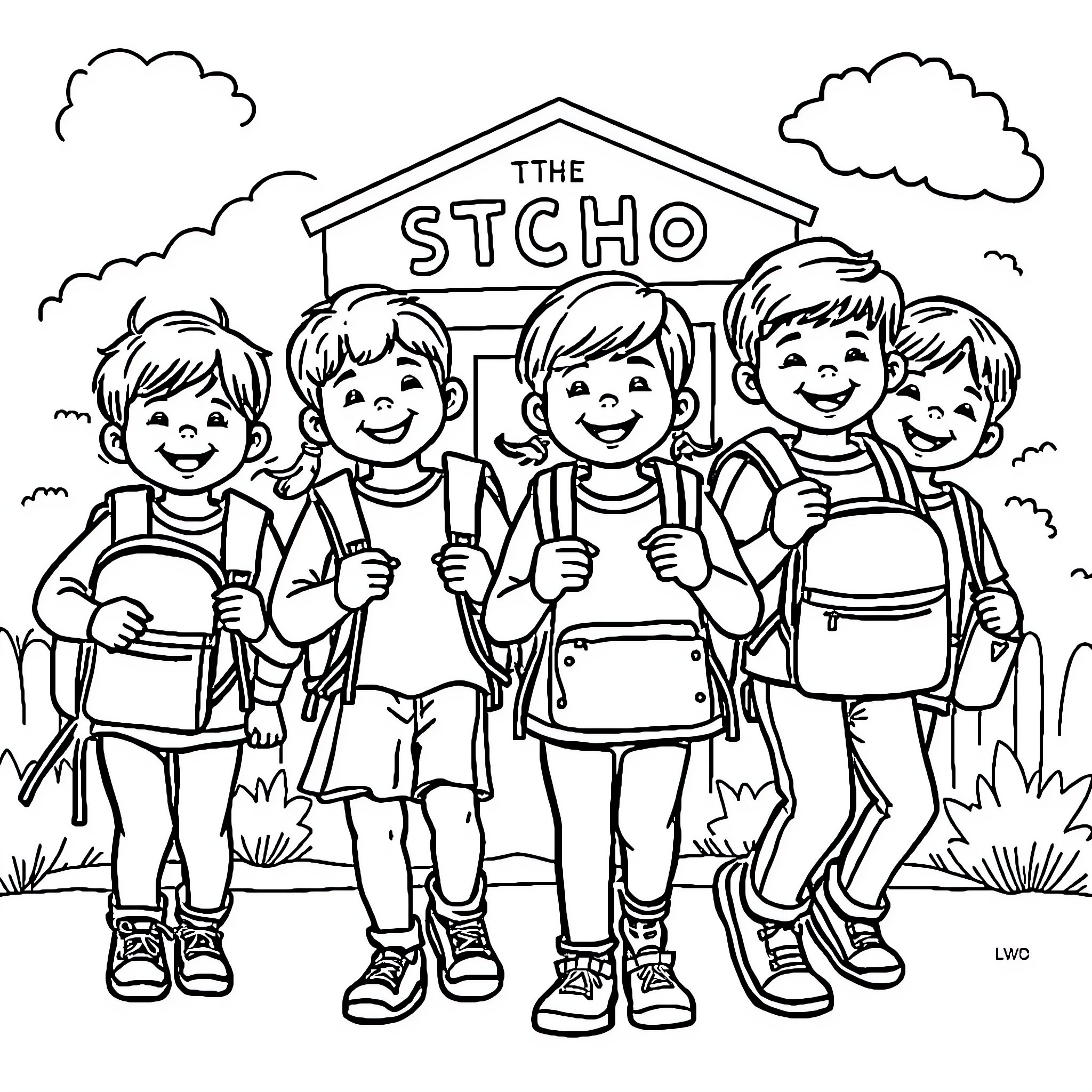 Back to School with Happy Students at the Schoolhouse Coloring Page (free black-and-white line drawing printable PDF for all, from beginners to advanced learners, including children, teens, adults, and seniors)