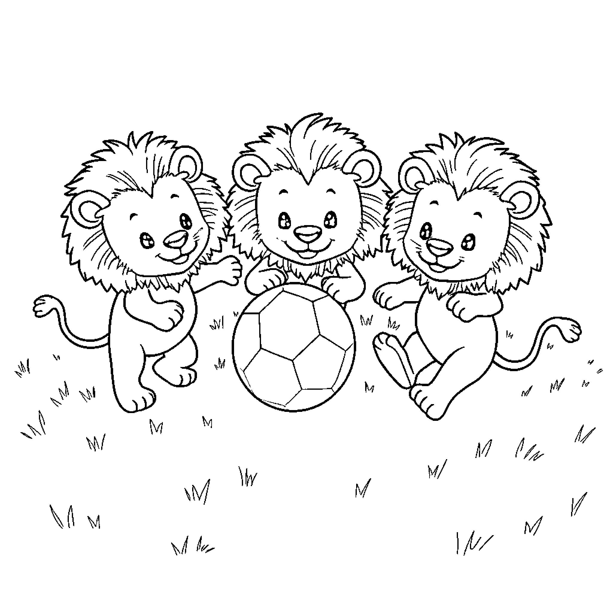 Lion cubs playing with soccer ball in the grass Coloring Page (free black-and-white line drawing printable PDF for all, from beginners to advanced learners, including children, teens, adults, and seniors)