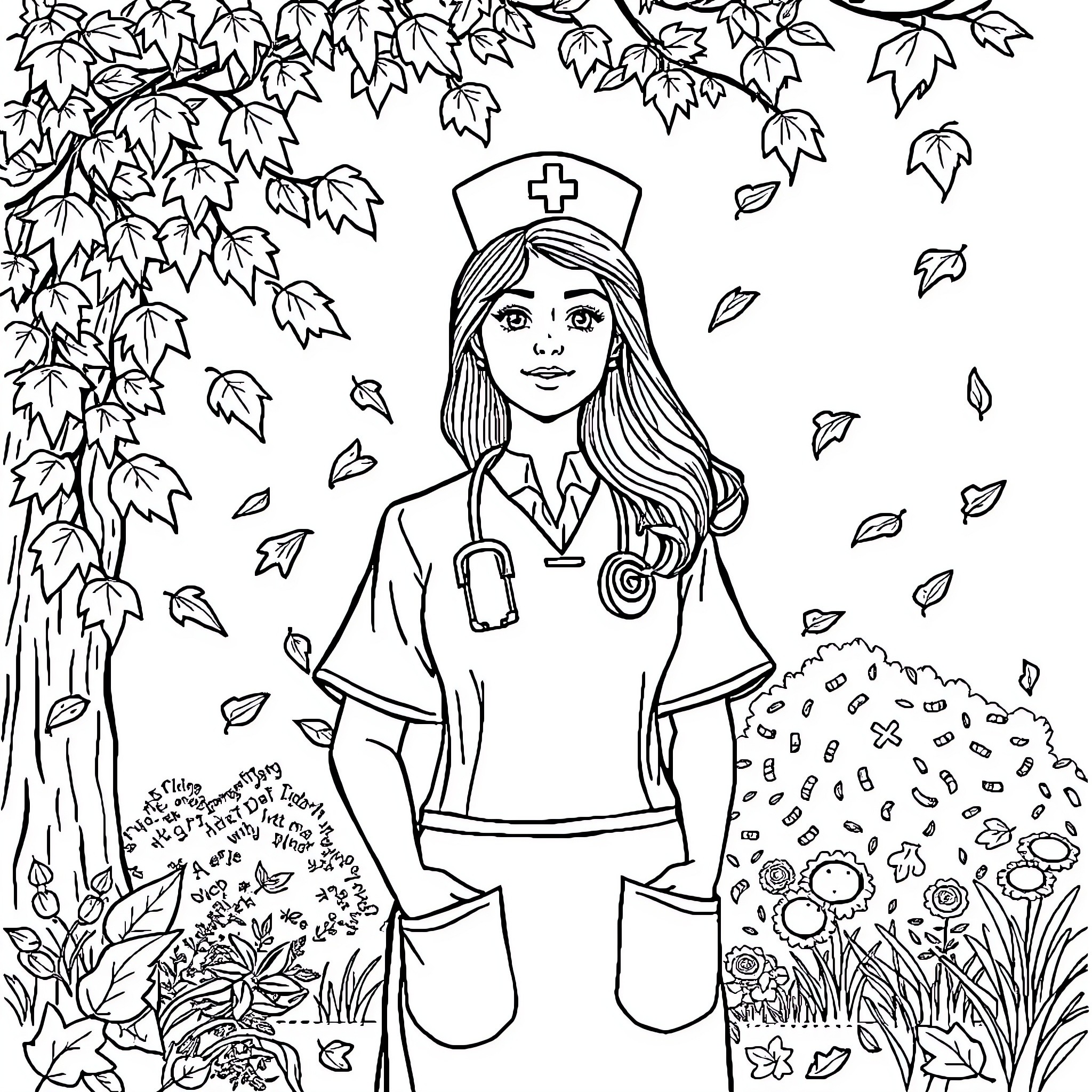 Nurse caring for nature's beauty Coloring Page (free black-and-white line drawing printable PDF for all, from beginners to advanced learners, including children, teens, adults, and seniors)