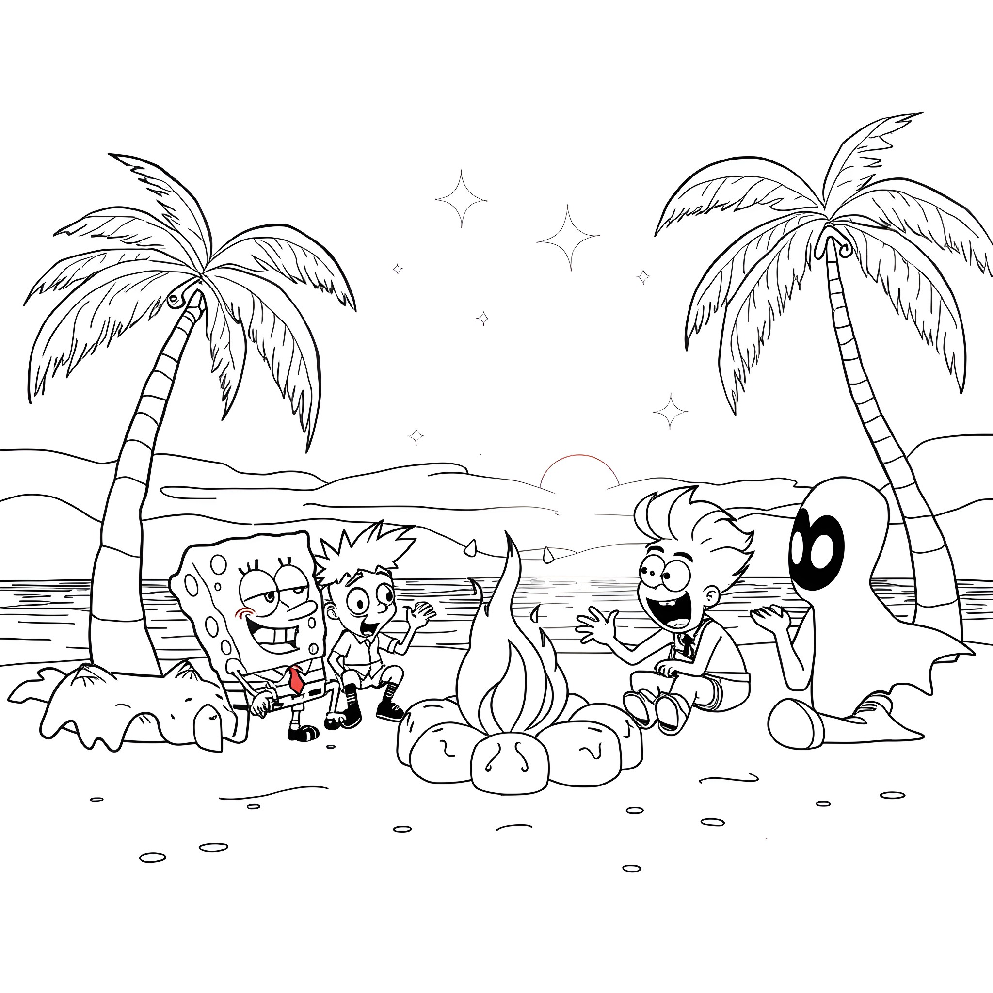 Spongebob and friends having a beach party Coloring Page (free black-and-white line drawing printable PDF for all, from beginners to advanced learners, including children, teens, adults, and seniors)