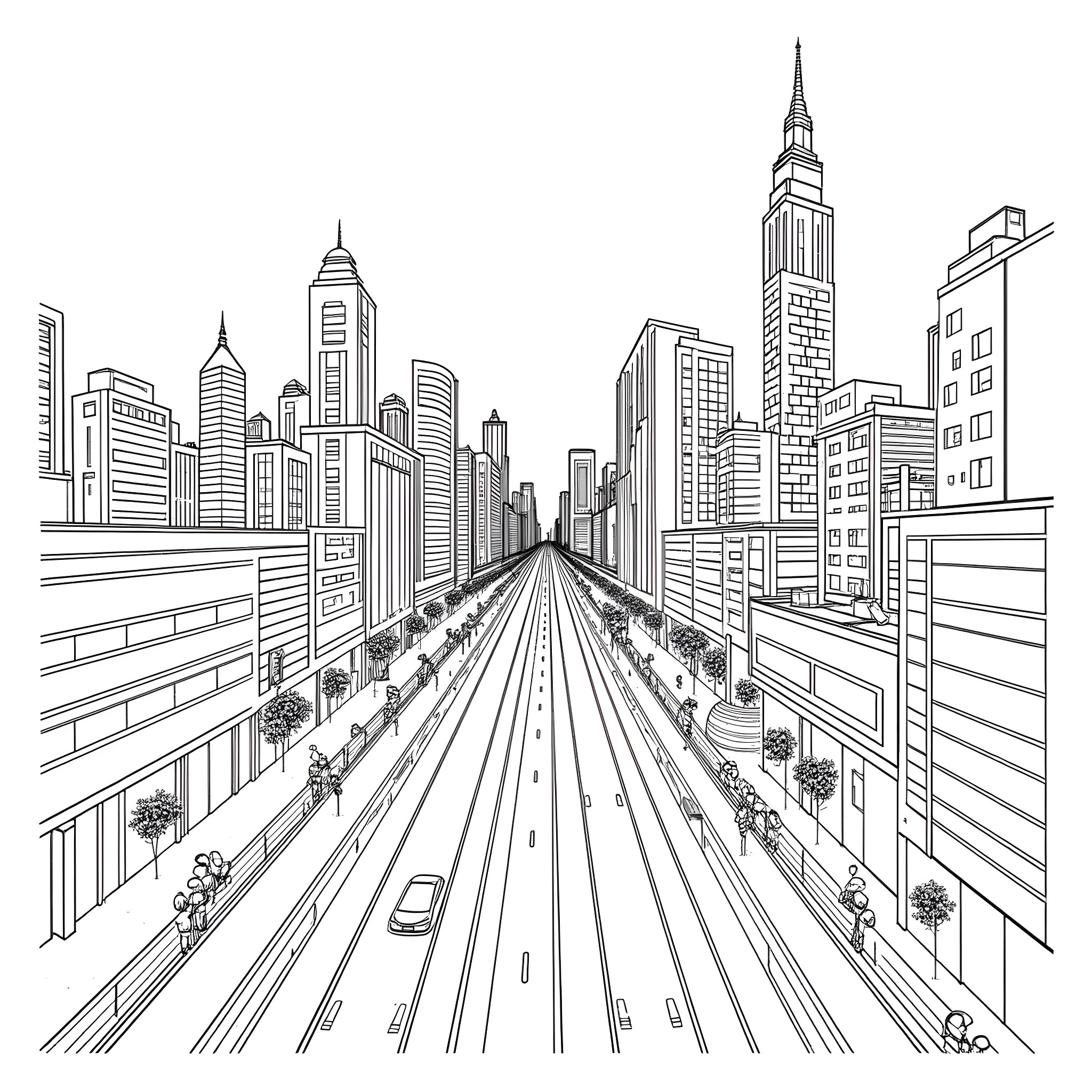City Skyline with Towering Skyscrapers and Busy Roadway Coloring Page (free black-and-white line drawing printable PDF for all, from beginners to advanced learners, including children, teens, adults, and seniors)