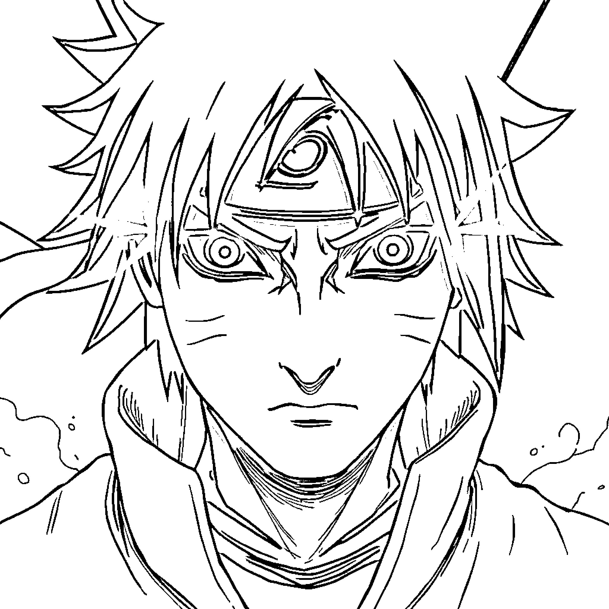 Sasuke's Intense Gaze and Powerful Presence Coloring Page (free black-and-white line drawing printable PDF for all, from beginners to advanced learners, including children, teens, adults, and seniors)