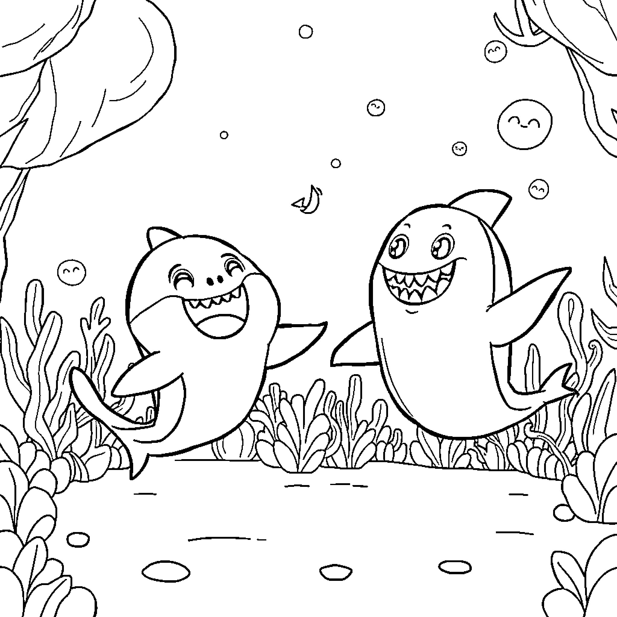 Cocomelon sharks smiling and playing underwater Coloring Page (free black-and-white line drawing printable PDF for all, from beginners to advanced learners, including children, teens, adults, and seniors)