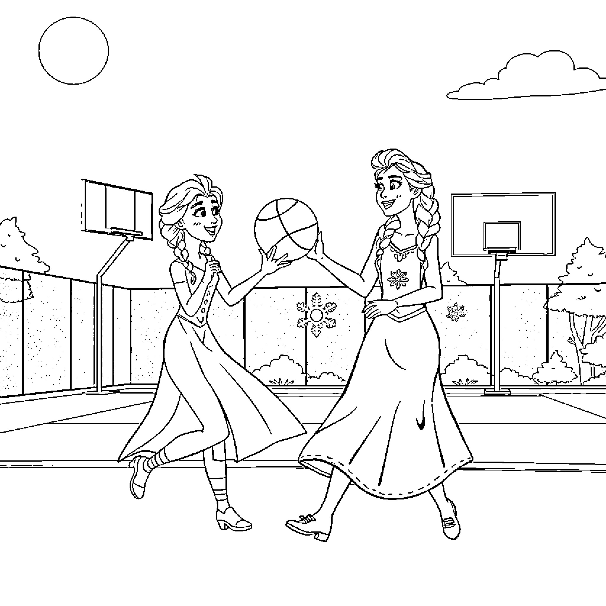 Elsa and Anna having a fun day outdoors Coloring Page (free black-and-white line drawing printable PDF for all, from beginners to advanced learners, including children, teens, adults, and seniors)