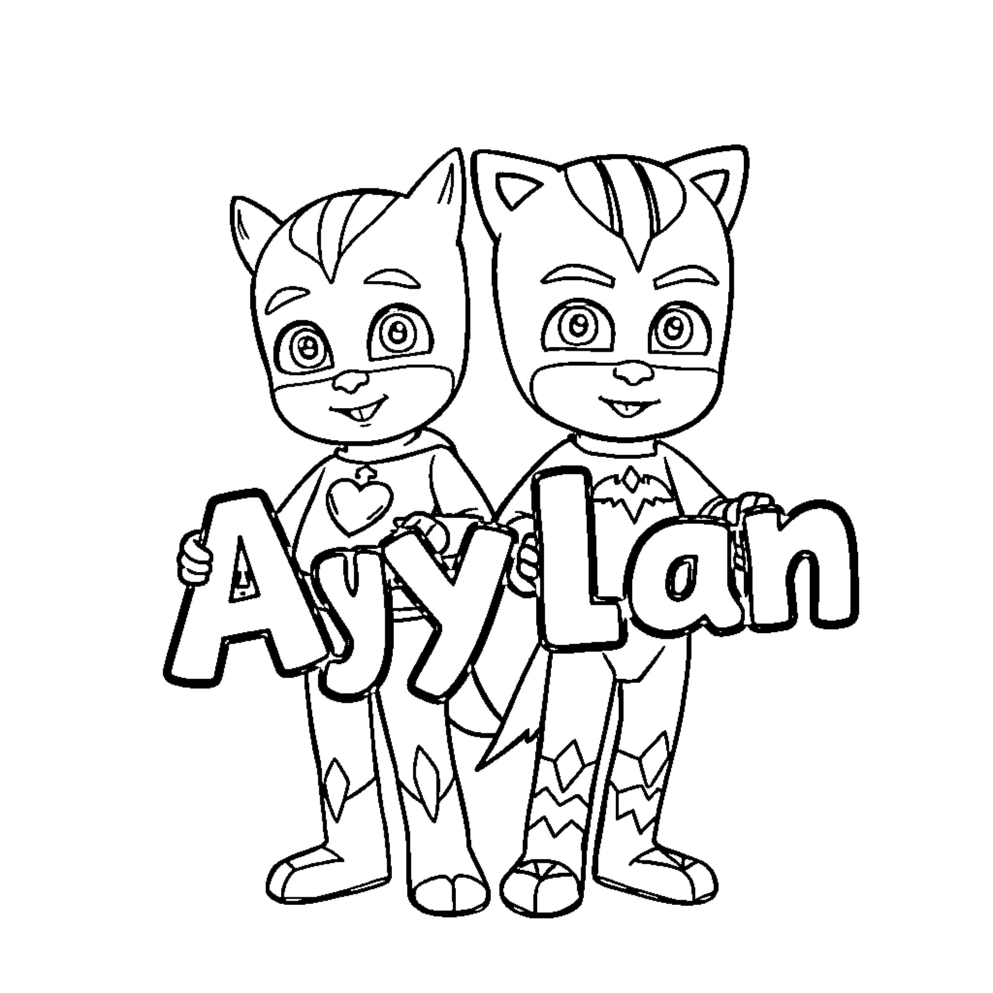 PJ Masks characters in costume posing together Coloring Page (free black-and-white line drawing printable PDF for all, from beginners to advanced learners, including children, teens, adults, and seniors)