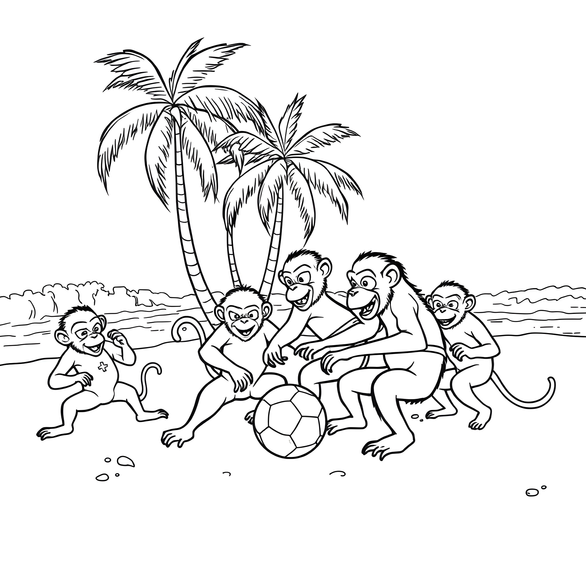 Monkeys playing soccer on the beach Coloring Page (free black-and-white line drawing printable PDF for all, from beginners to advanced learners, including children, teens, adults, and seniors)