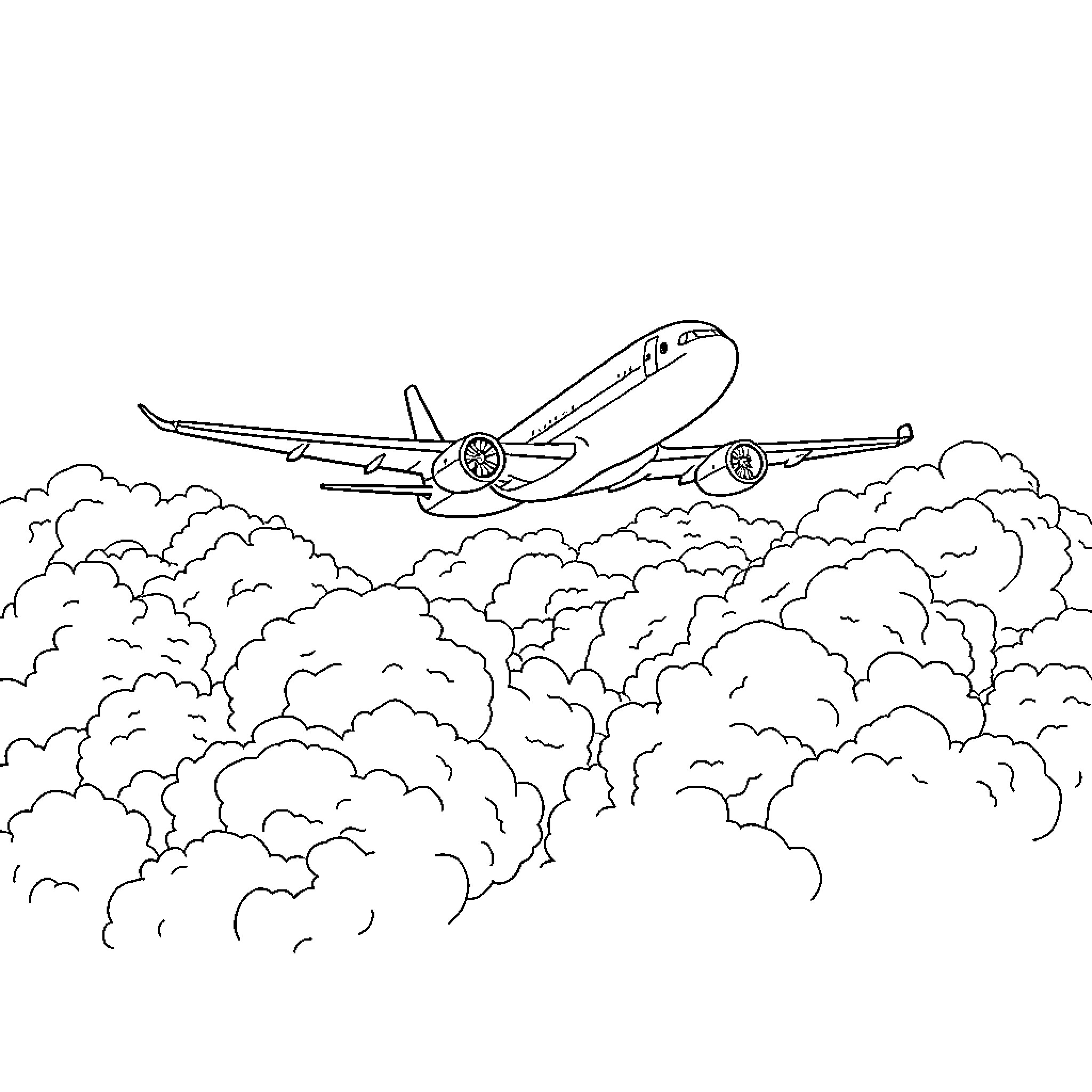 Airplane soaring through cloudy skies Coloring Page (free black-and-white line drawing printable PDF for all, from beginners to advanced learners, including children, teens, adults, and seniors)