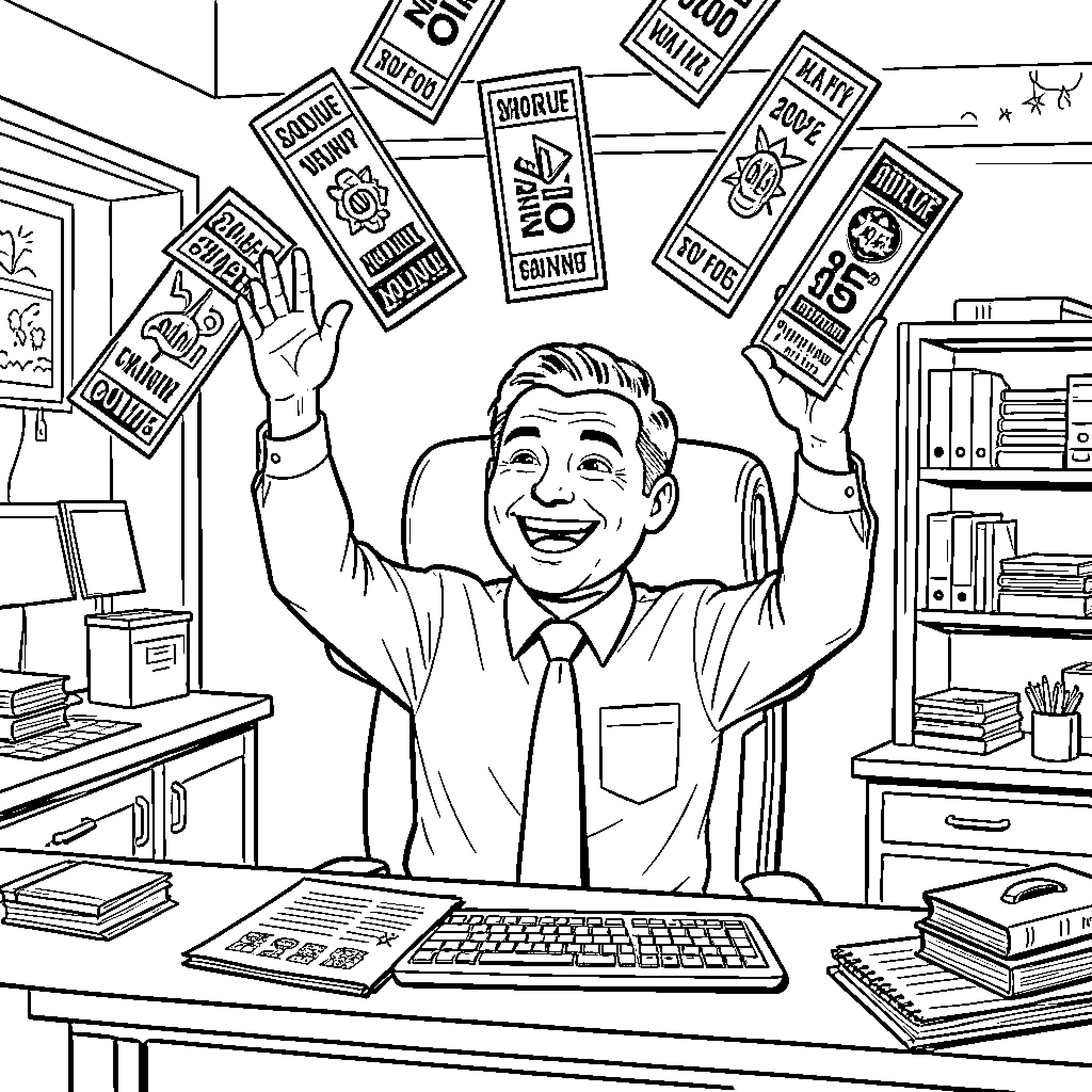 Box Office Manager celebrating joyfully with flying tickets Coloring Page (free black-and-white line drawing printable PDF for all, from beginners to advanced learners, including children, teens, adults, and seniors)