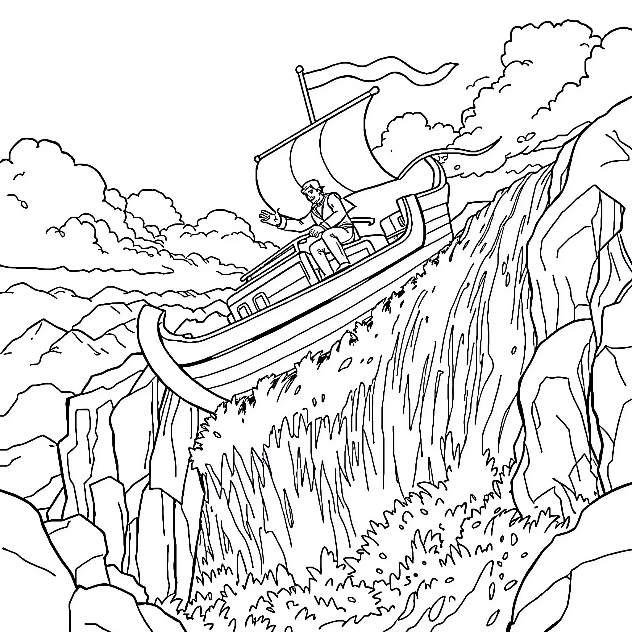 Goldorak navigating treacherous mountain passage in spacecraft Coloring Page (free black-and-white line drawing printable PDF for all, from beginners to advanced learners, including children, teens, adults, and seniors)