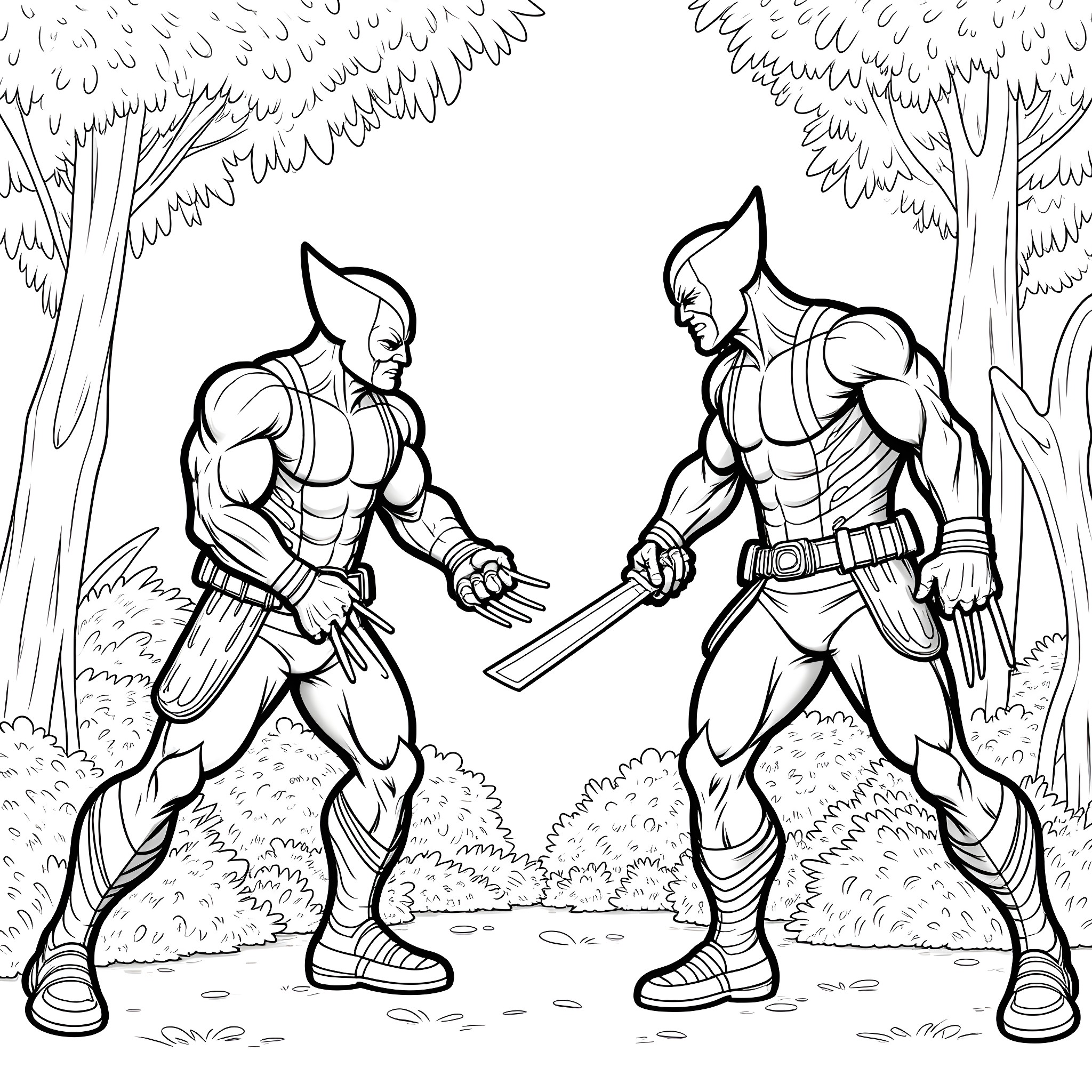Wolverine engaged in fierce combat with formidable opponent Coloring Page (free black-and-white line drawing printable PDF for all, from beginners to advanced learners, including children, teens, adults, and seniors)