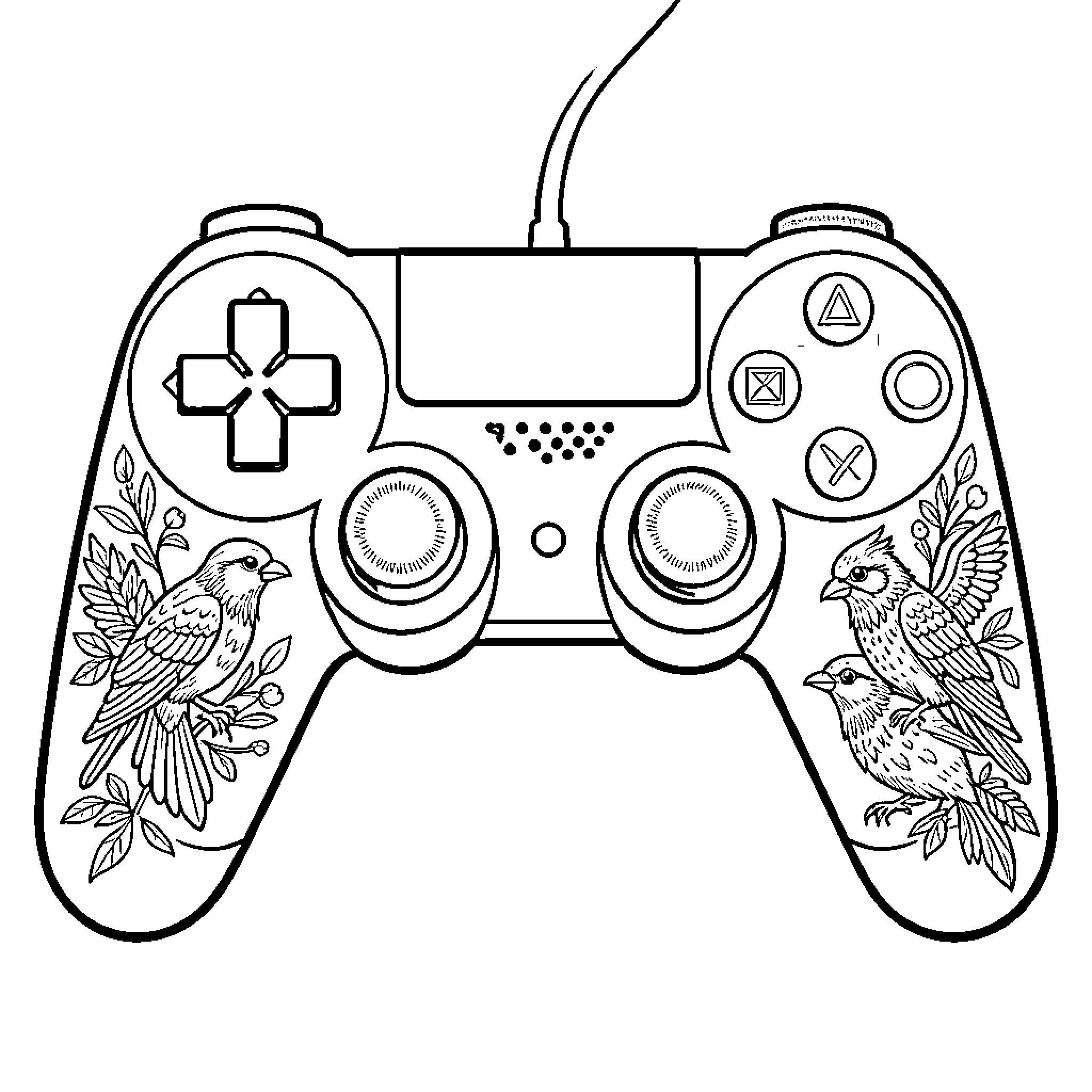 Game Controller decorated with intricate bird and leaf patterns Coloring Page (free black-and-white line drawing printable PDF for all, from beginners to advanced learners, including children, teens, adults, and seniors)