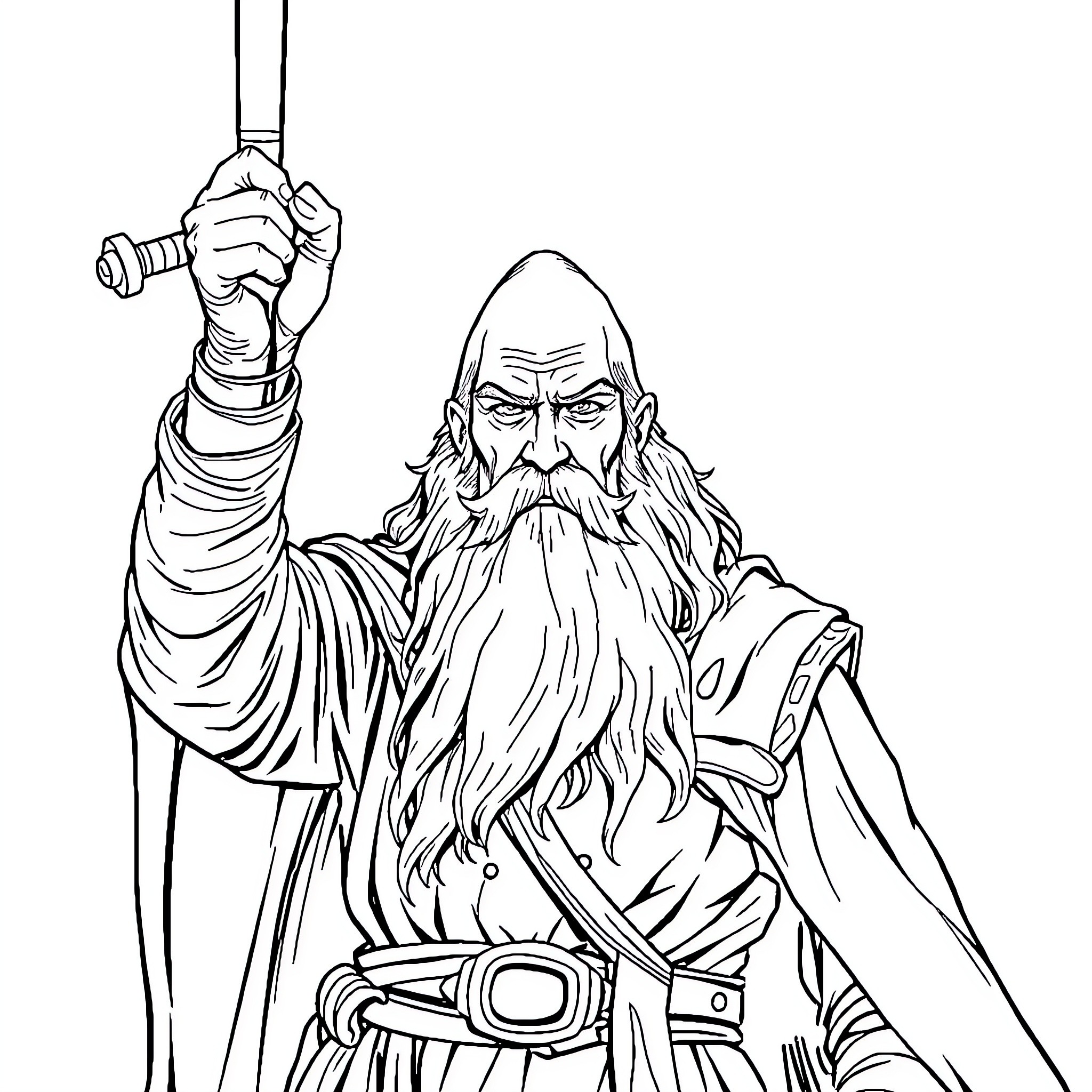 Gandalf the Wizard wielding staff in heroic pose Coloring Page (free black-and-white line drawing printable PDF for all, from beginners to advanced learners, including children, teens, adults, and seniors)