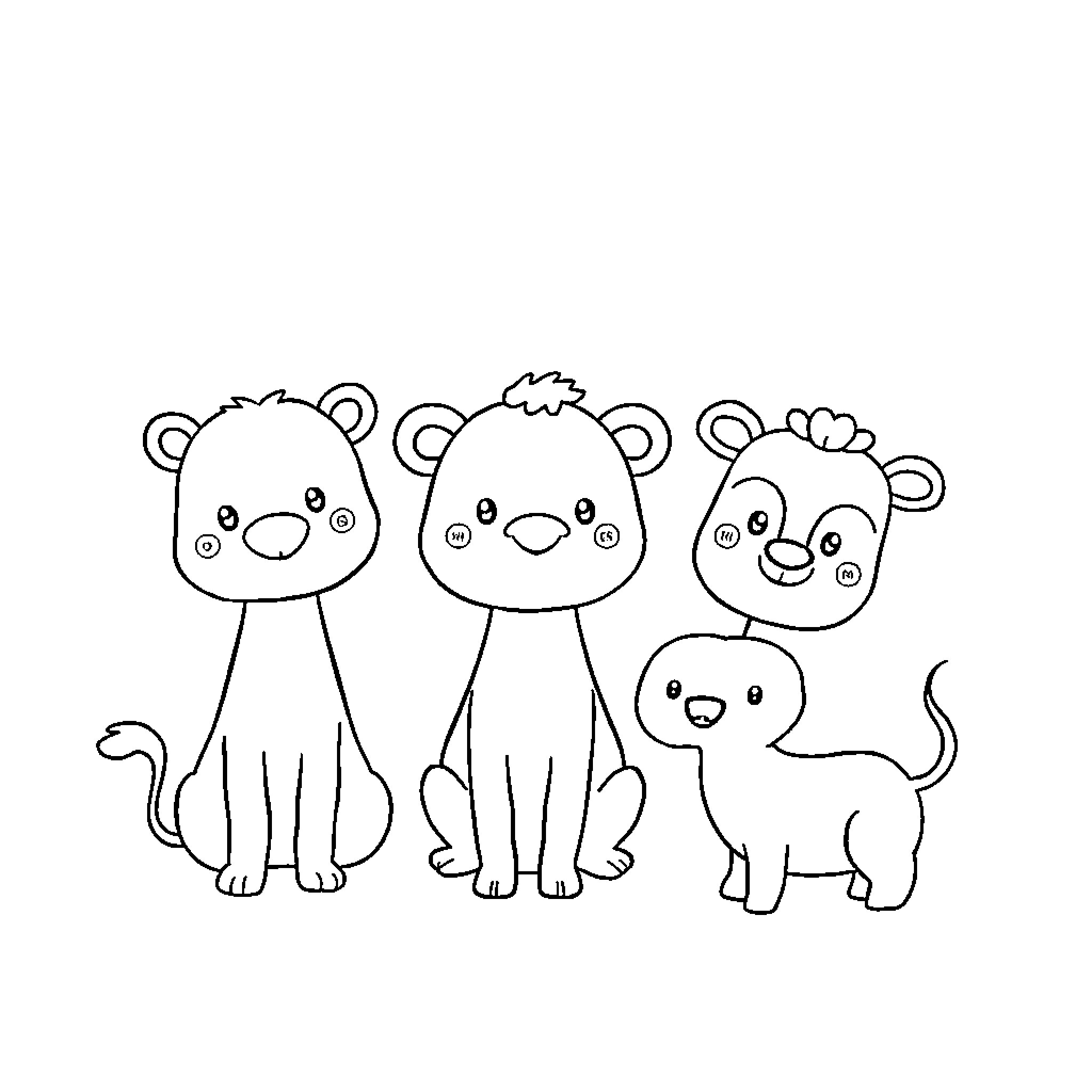 Animal family of adorable cartoon bears Coloring Page (free black-and-white line drawing printable PDF for all, from beginners to advanced learners, including children, teens, adults, and seniors)