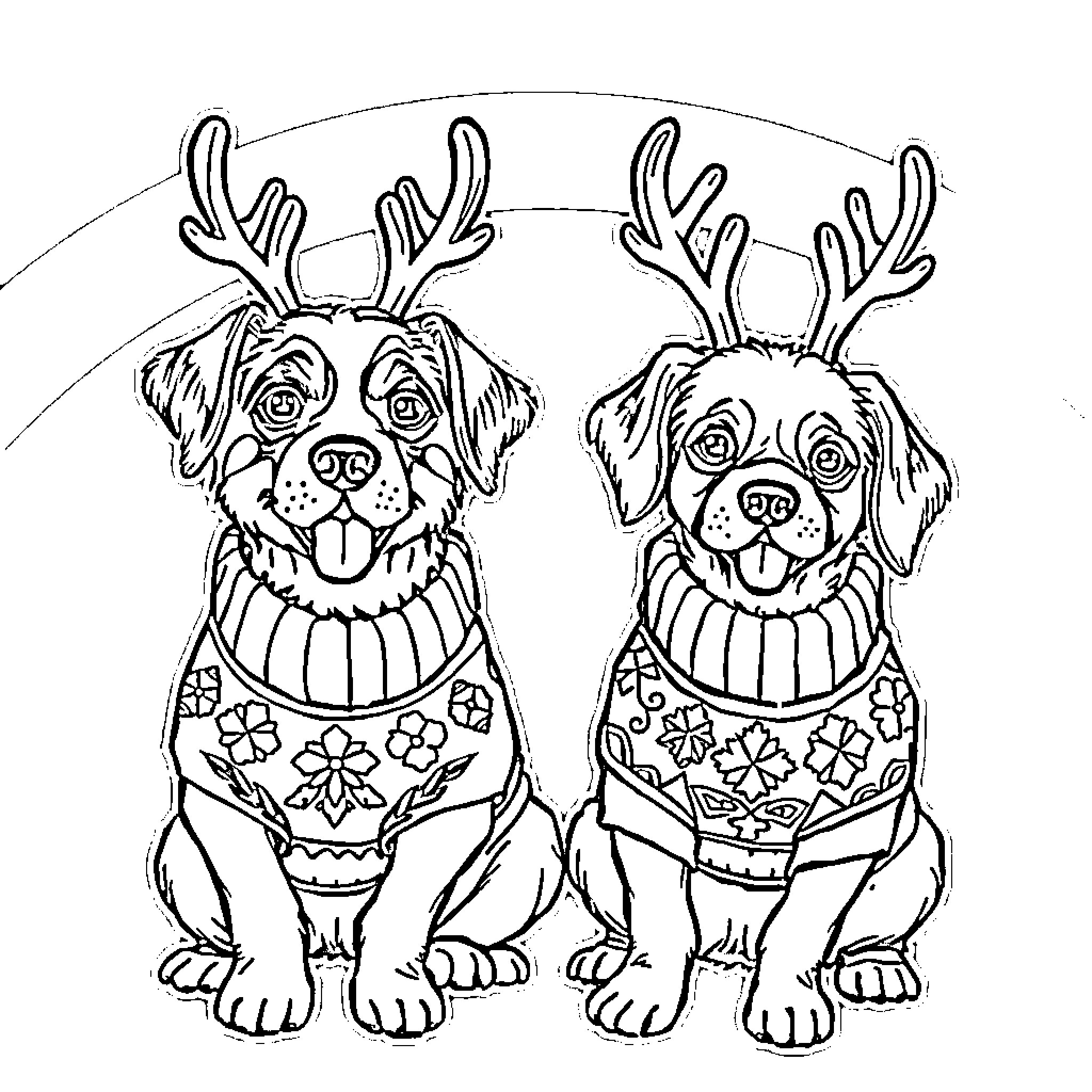 Dog Duo in Festive Antler Sweaters Coloring Page (free black-and-white line drawing printable PDF for all, from beginners to advanced learners, including children, teens, adults, and seniors)