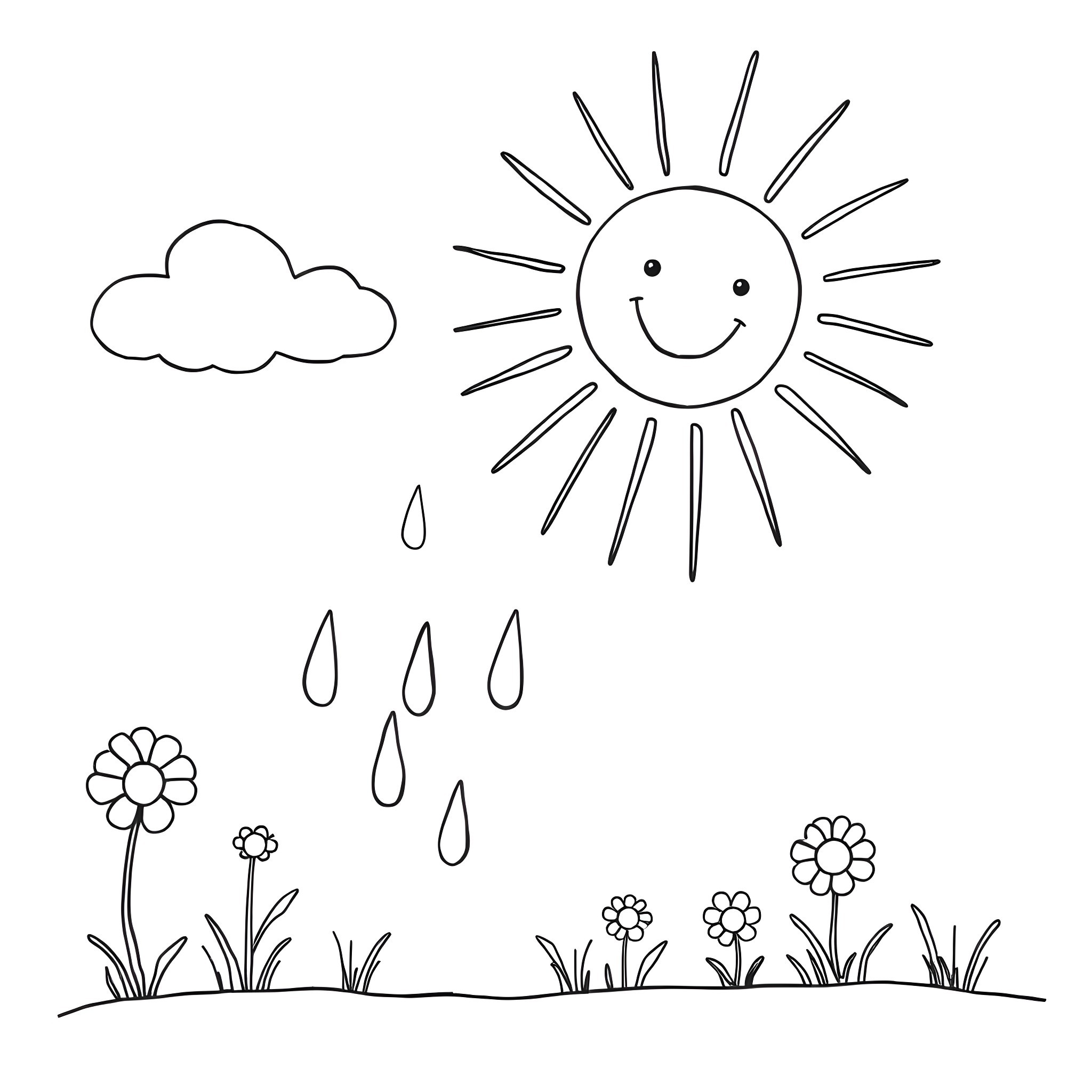 Sun shining on a rainy day with flowers Coloring Page (free black-and-white line drawing printable PDF for all, from beginners to advanced learners, including children, teens, adults, and seniors)