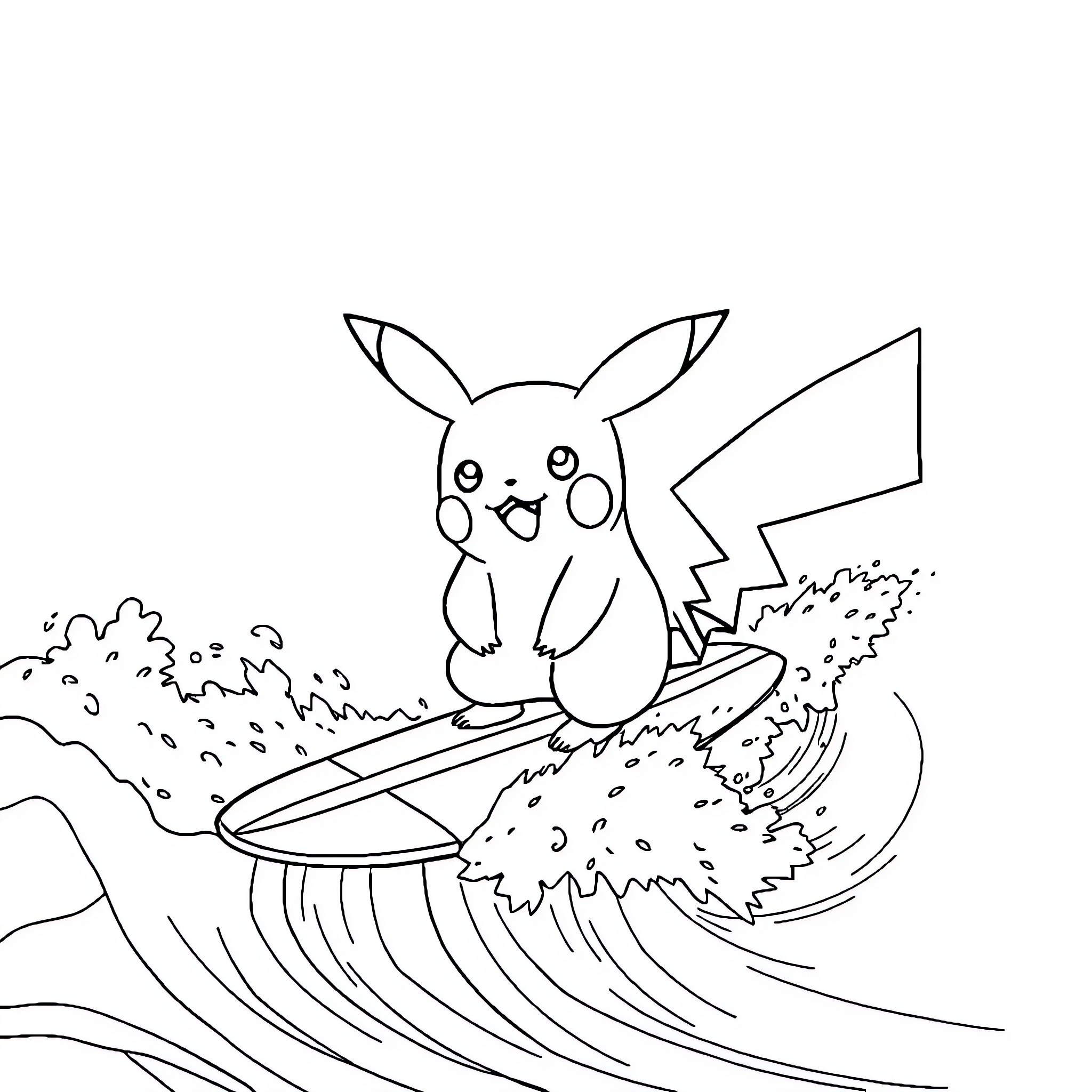 Pikachu surfing on a big wave Coloring Page (free black-and-white line drawing printable PDF for all, from beginners to advanced learners, including children, teens, adults, and seniors)