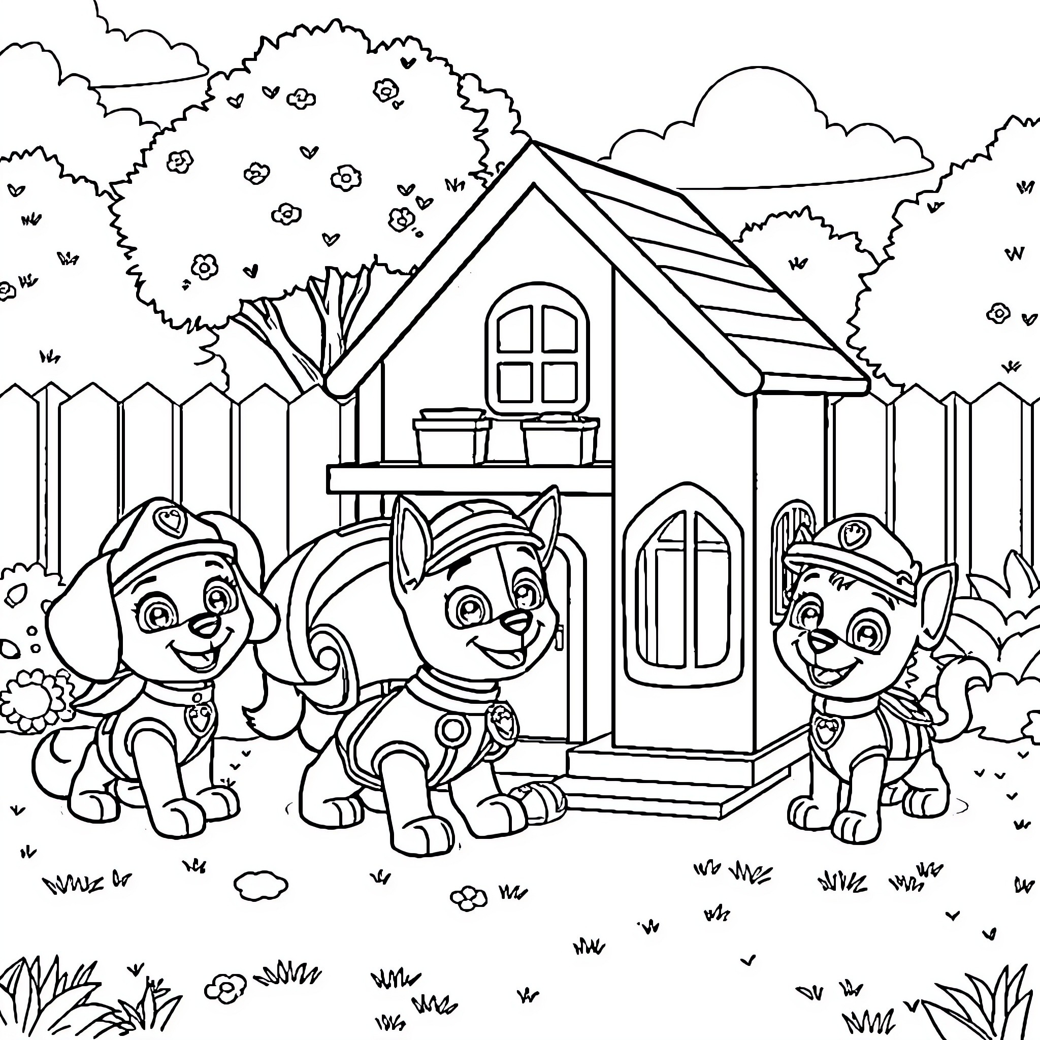 Paw Patrol Puppies Explore Playful Outdoor Scene Coloring Page (free black-and-white line drawing printable PDF for all, from beginners to advanced learners, including children, teens, adults, and seniors)