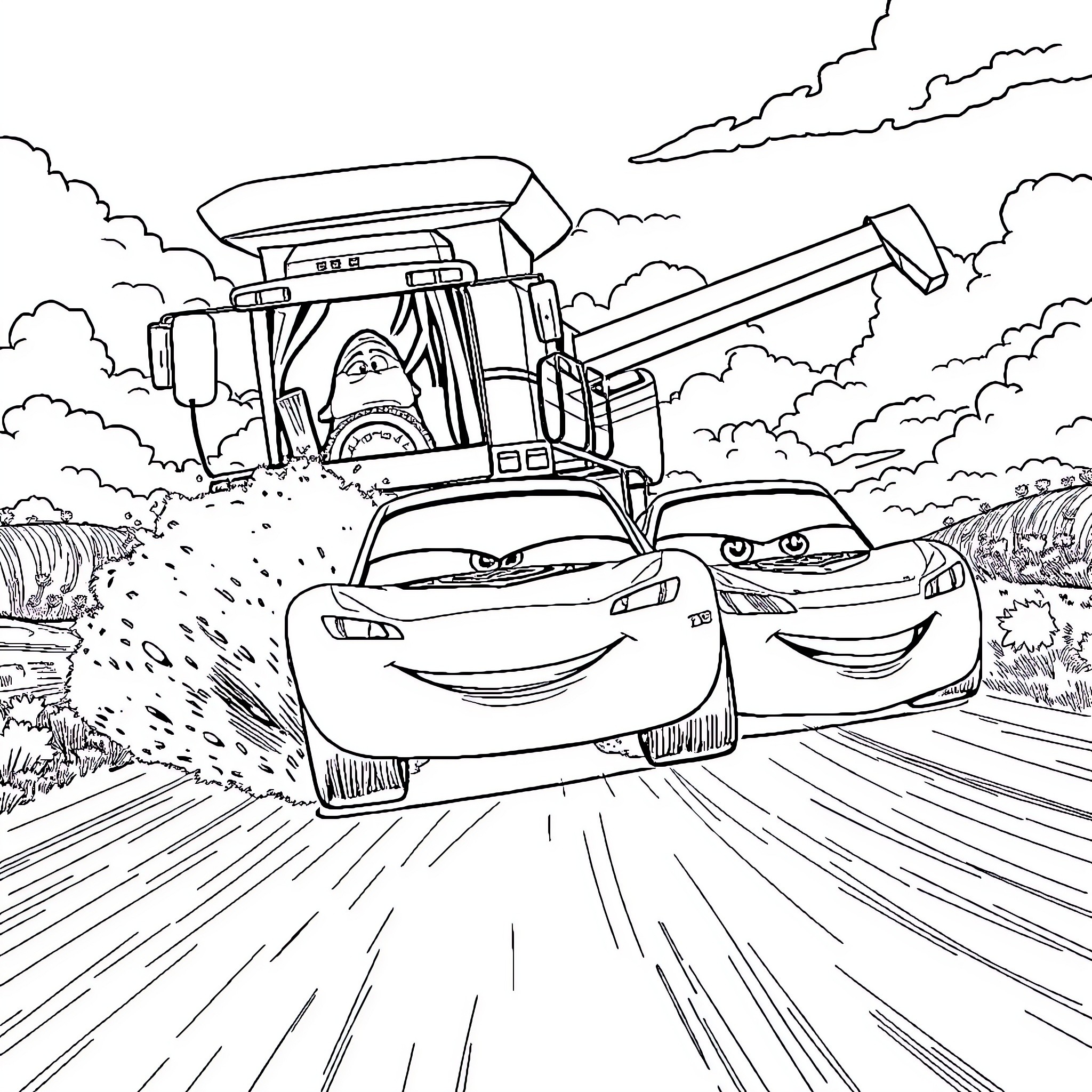 Lightning McQueen on high-speed adventure through clouds Coloring Page (free black-and-white line drawing printable PDF for all, from beginners to advanced learners, including children, teens, adults, and seniors)