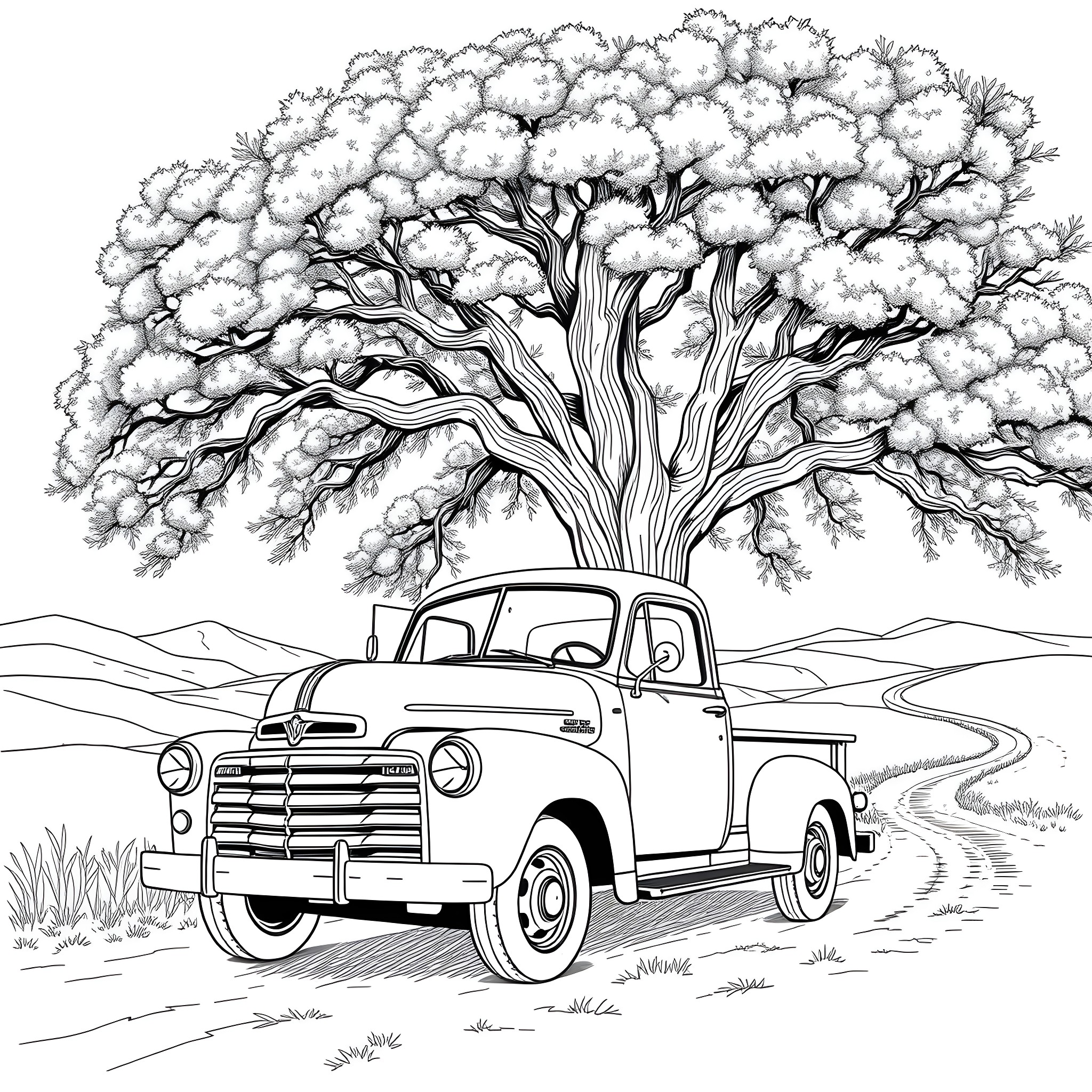 Truck parked under a sprawling tree in the countryside Coloring Page (free black-and-white line drawing printable PDF for all, from beginners to advanced learners, including children, teens, adults, and seniors)