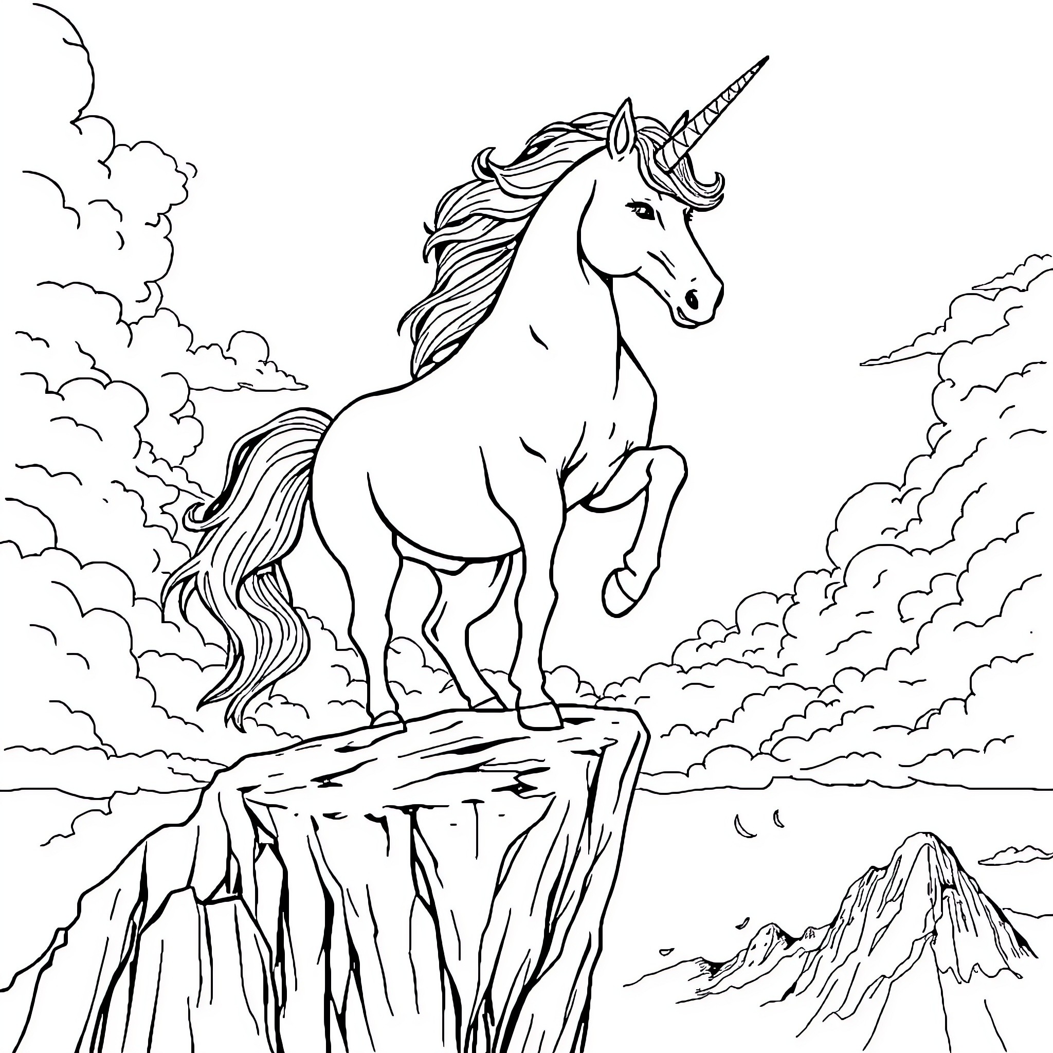 Unicorn standing majestically on a cliffside Coloring Page (free black-and-white line drawing printable PDF for all, from beginners to advanced learners, including children, teens, adults, and seniors)