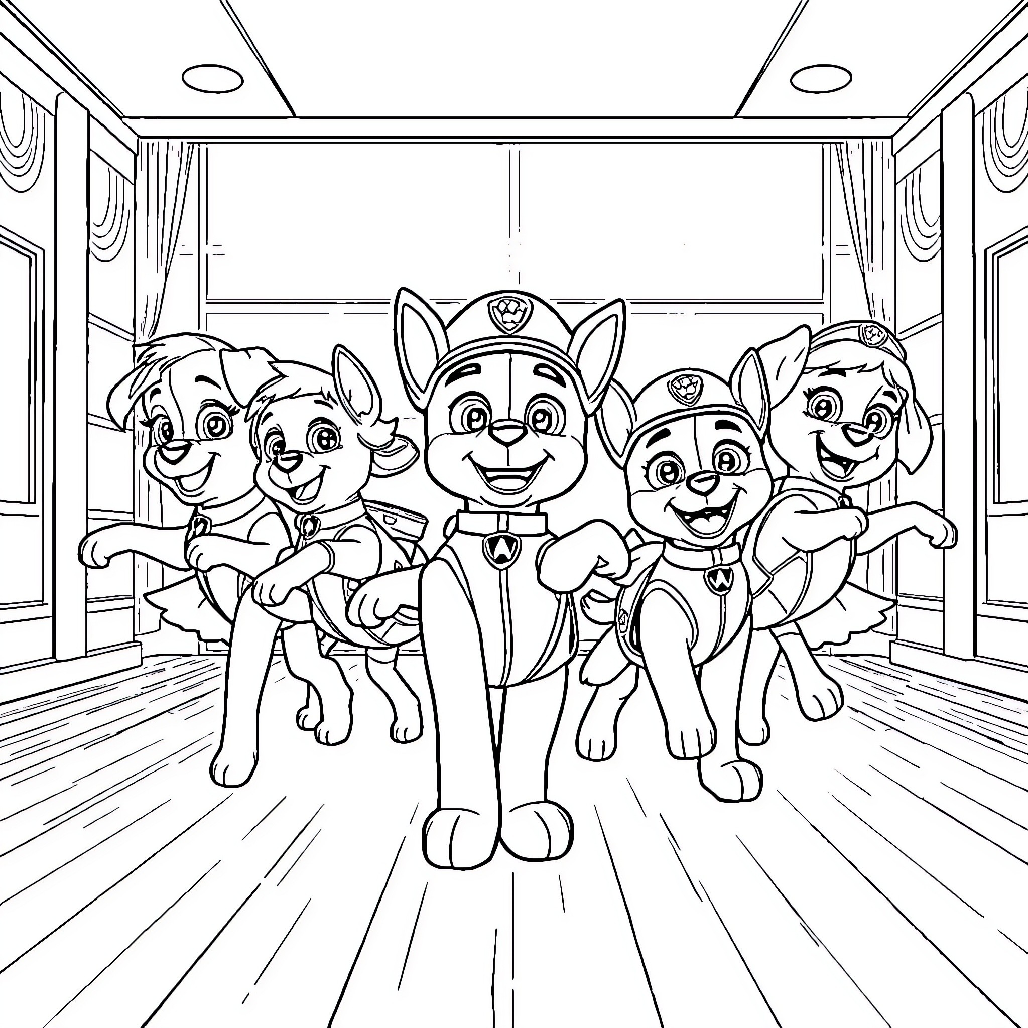 Paw Patrol Pups Posing Together in the Classroom Coloring Page (free black-and-white line drawing printable PDF for all, from beginners to advanced learners, including children, teens, adults, and seniors)