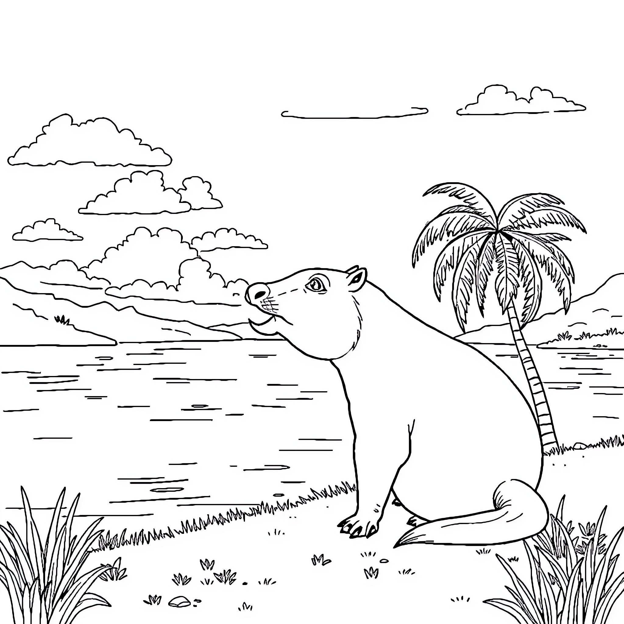 Capybara enjoying a tropical beach scene Coloring Page (free black-and-white line drawing printable PDF for all, from beginners to advanced learners, including children, teens, adults, and seniors)