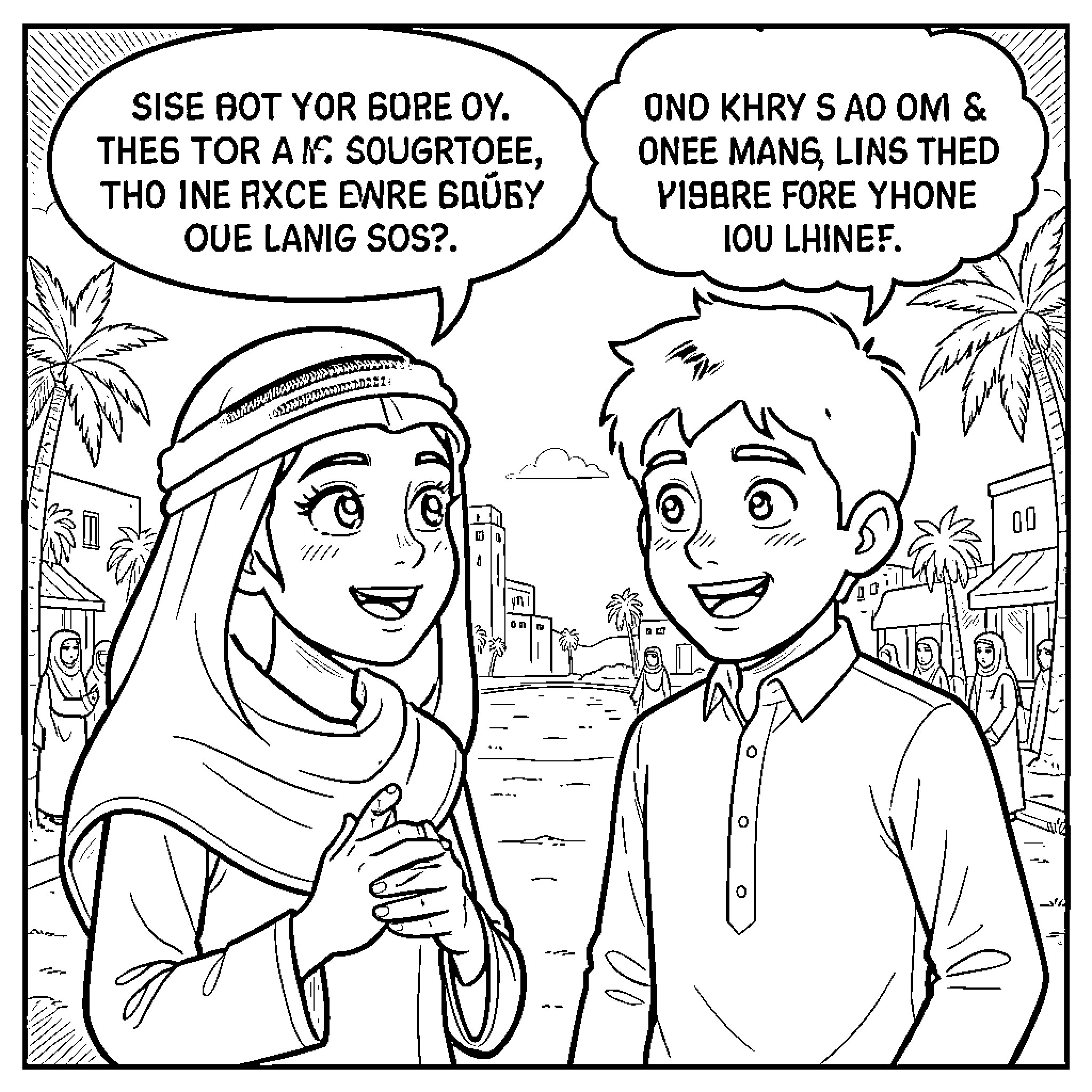 Comic Strip of Two Friends Conversing Coloring Page (free black-and-white line drawing printable PDF for all, from beginners to advanced learners, including children, teens, adults, and seniors)