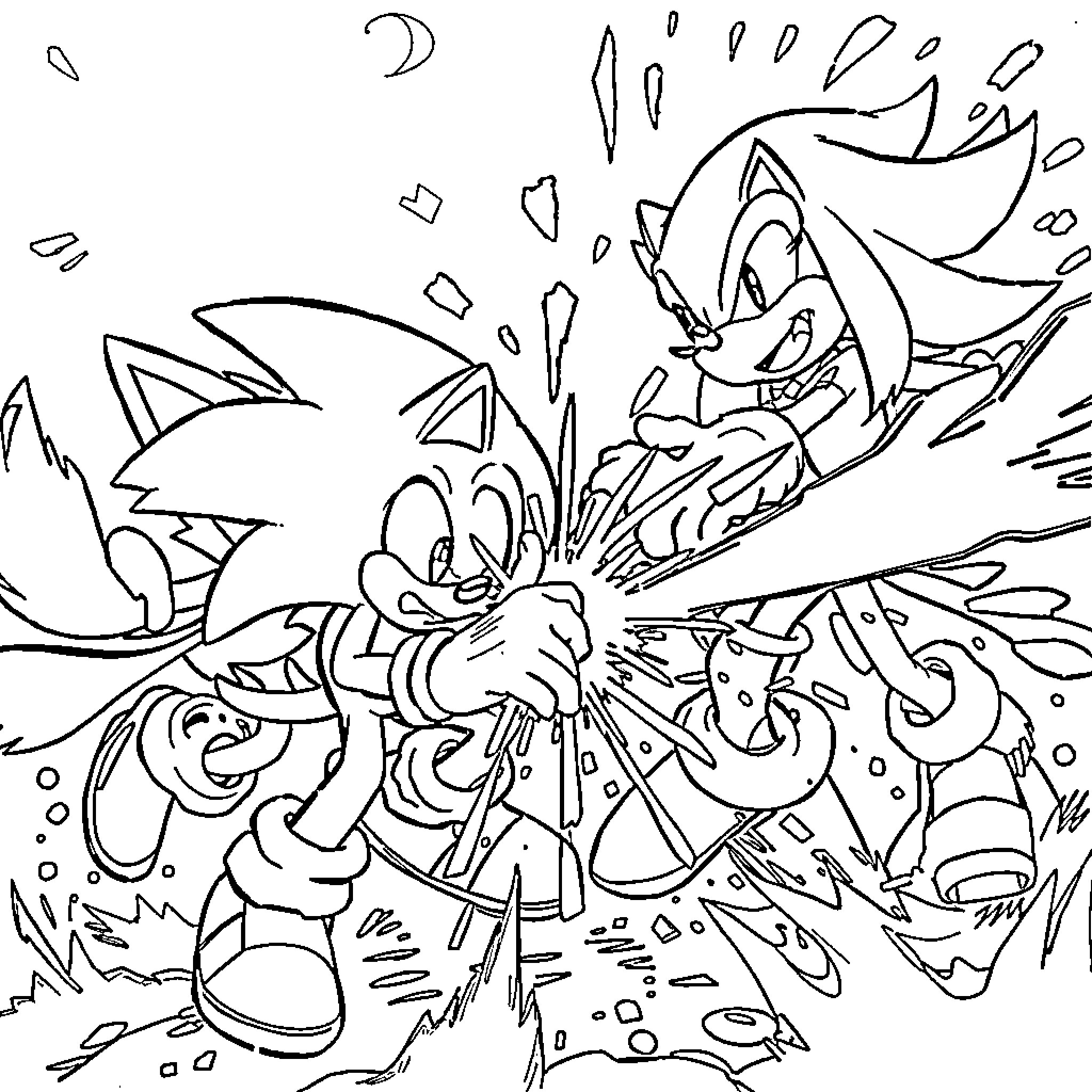Sonic's thrilling adventure amid chaos and action Coloring Page (free black-and-white line drawing printable PDF for all, from beginners to advanced learners, including children, teens, adults, and seniors)