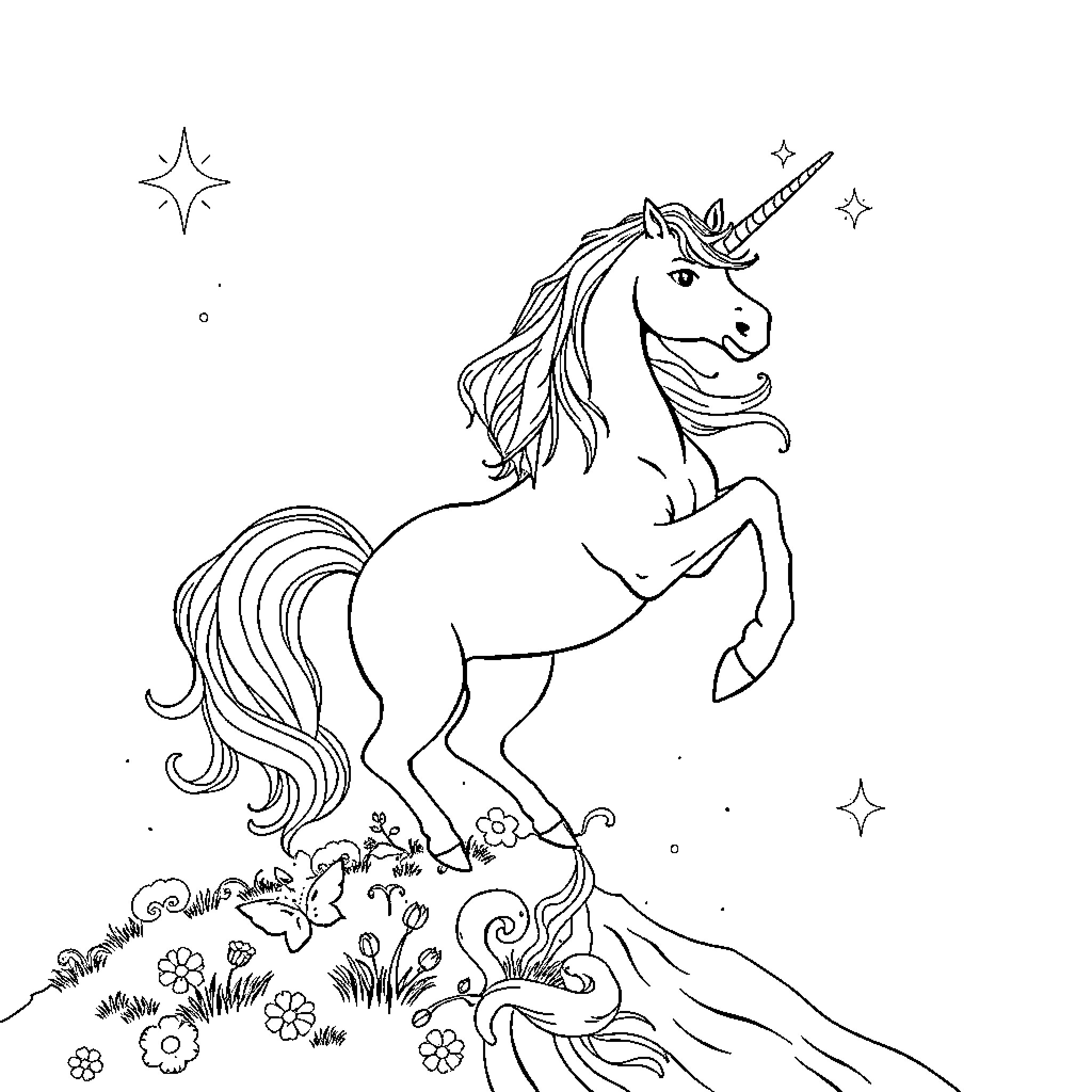 Unicorn prancing through a magical meadow Coloring Page (free black-and-white line drawing printable PDF for all, from beginners to advanced learners, including children, teens, adults, and seniors)