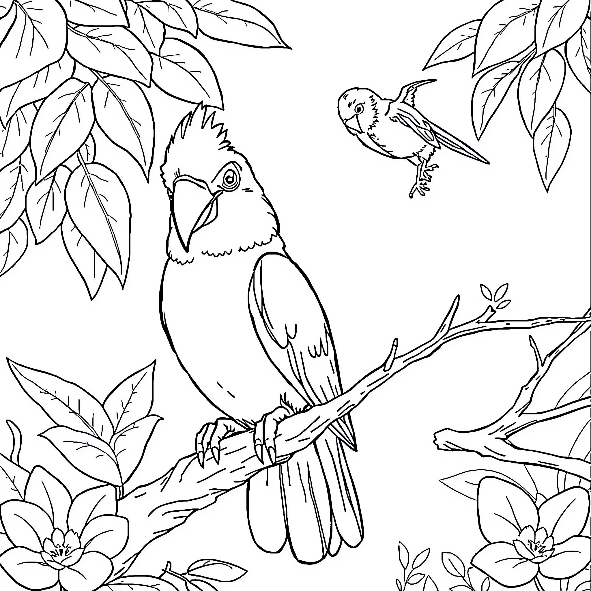 Cat birds in lush foliage Coloring Page (free black-and-white line drawing printable PDF for all, from beginners to advanced learners, including children, teens, adults, and seniors)