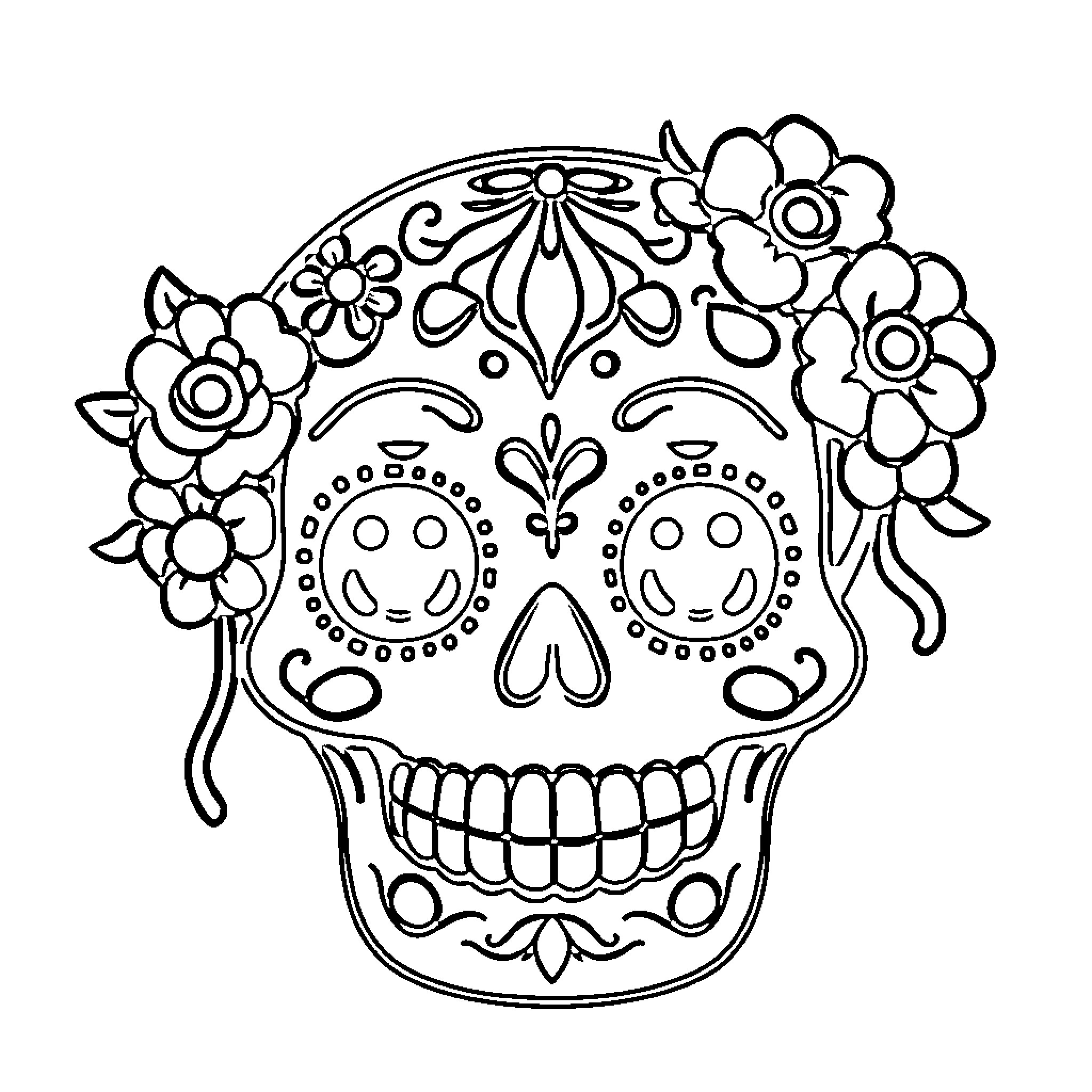 Sugar Skull with Intricate Floral Designs Coloring Page (free black-and-white line drawing printable PDF for all, from beginners to advanced learners, including children, teens, adults, and seniors)