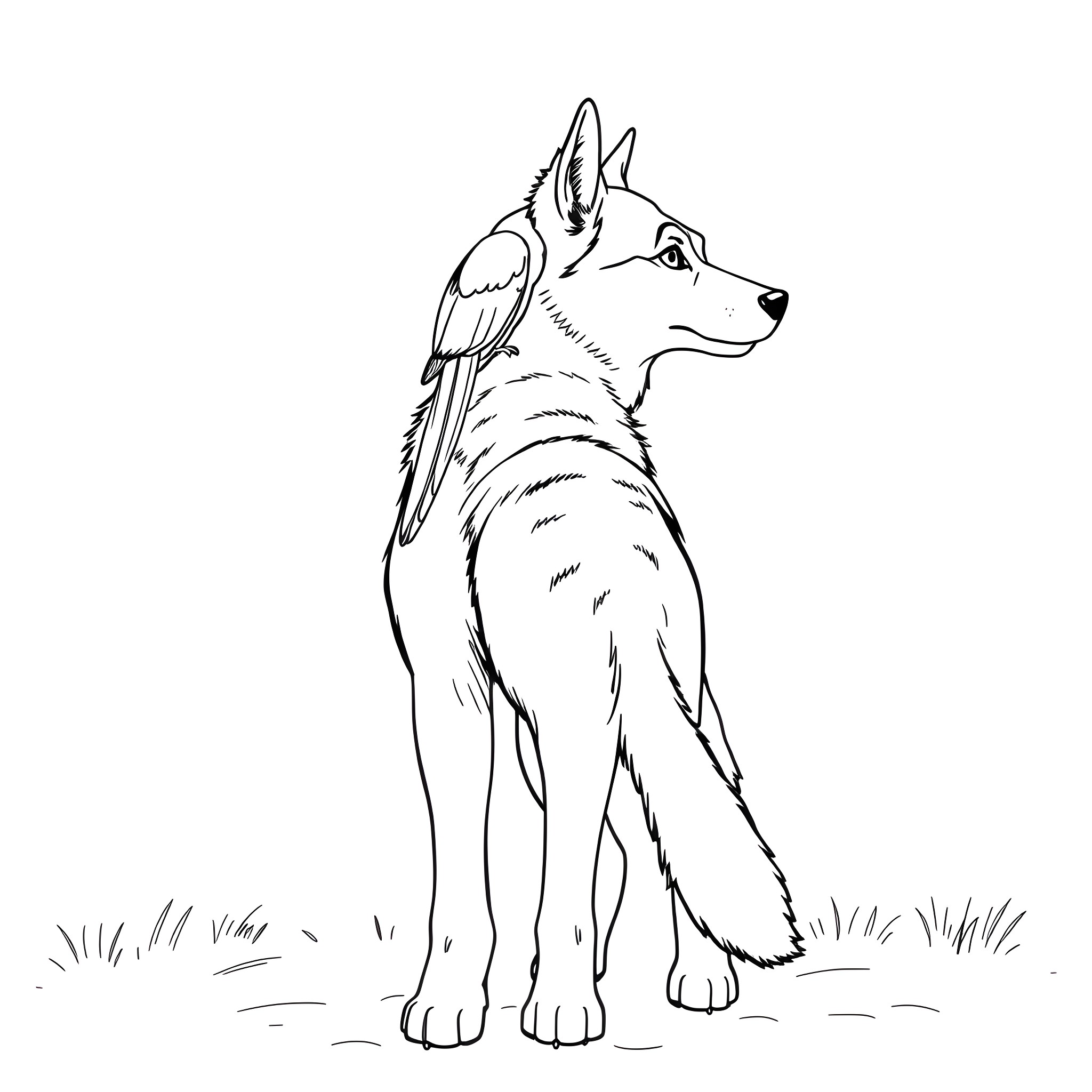 Husky dog standing tall in nature Coloring Page (free black-and-white line drawing printable PDF for all, from beginners to advanced learners, including children, teens, adults, and seniors)