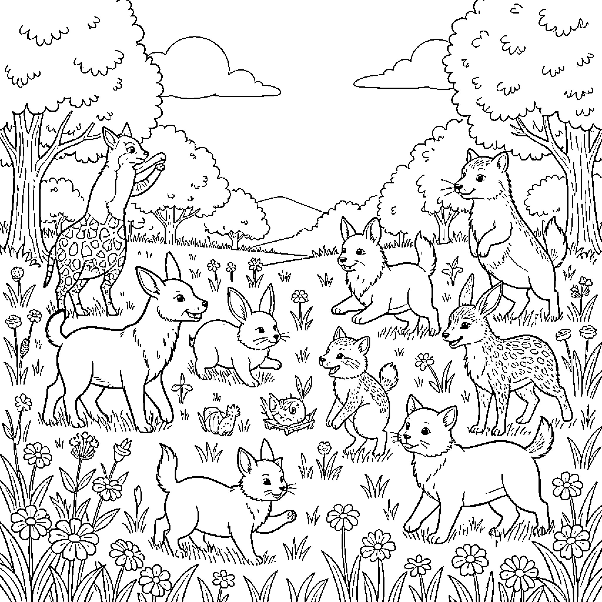 Animal Forest with Playful Creatures Coloring Page (free black-and-white line drawing printable PDF for all, from beginners to advanced learners, including children, teens, adults, and seniors)