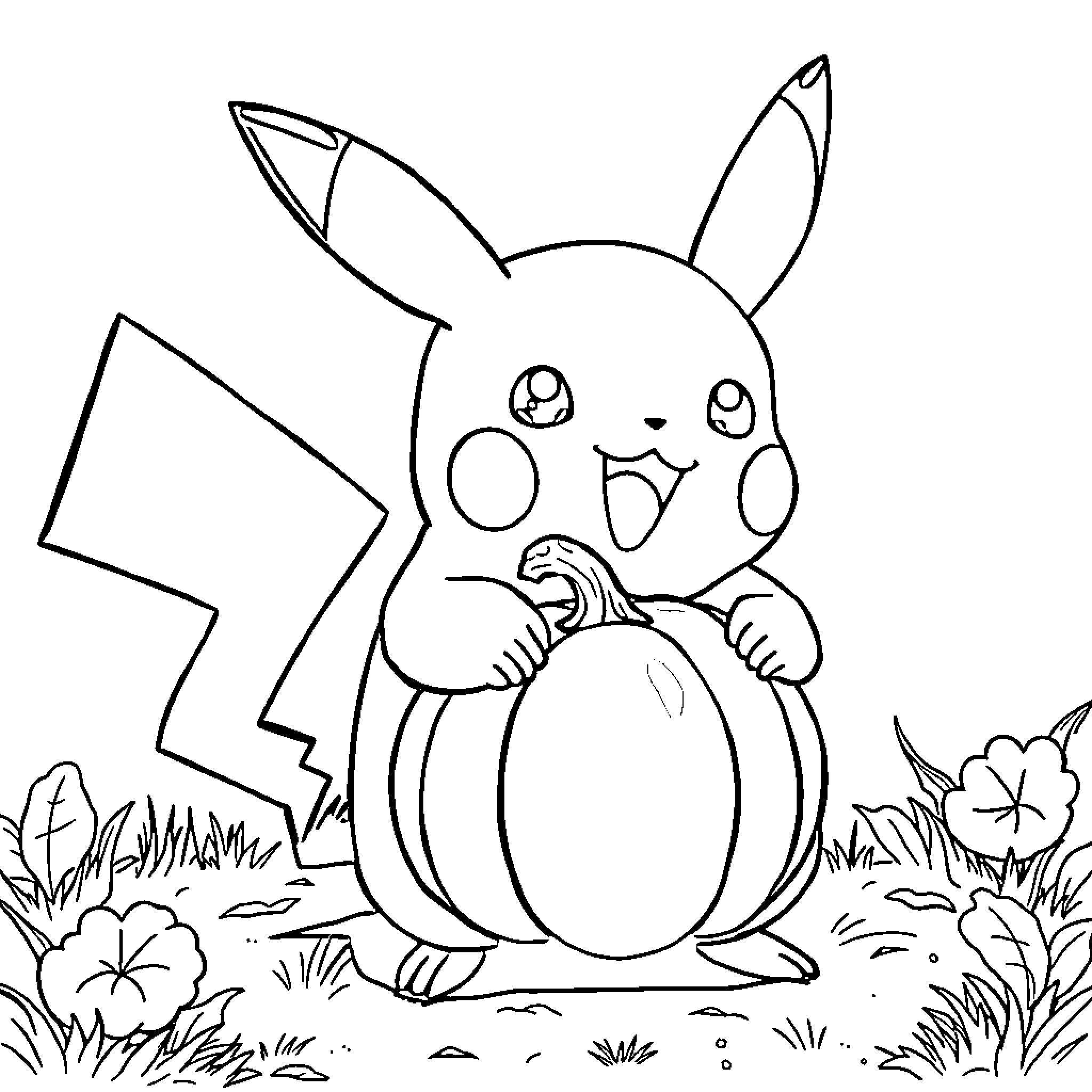 Pikachu enjoying a pumpkin in the garden Coloring Page (free black-and-white line drawing printable PDF for all, from beginners to advanced learners, including children, teens, adults, and seniors)