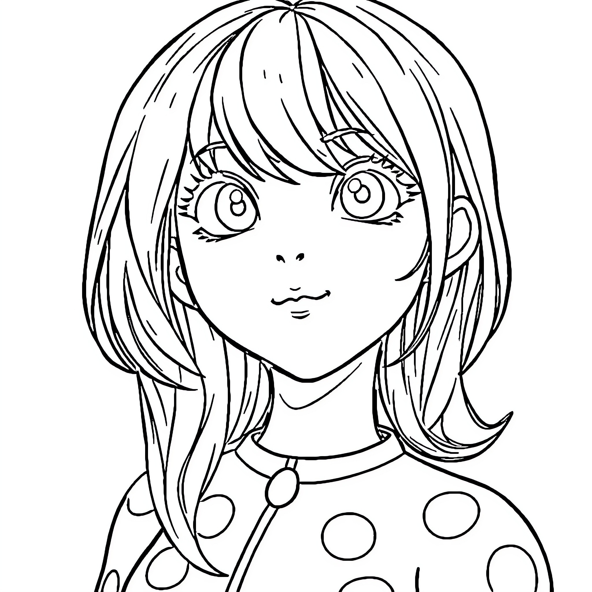 Girl in Polka Dot Outfit Smiling Brightly Coloring Page (free black-and-white line drawing printable PDF for all, from beginners to advanced learners, including children, teens, adults, and seniors)