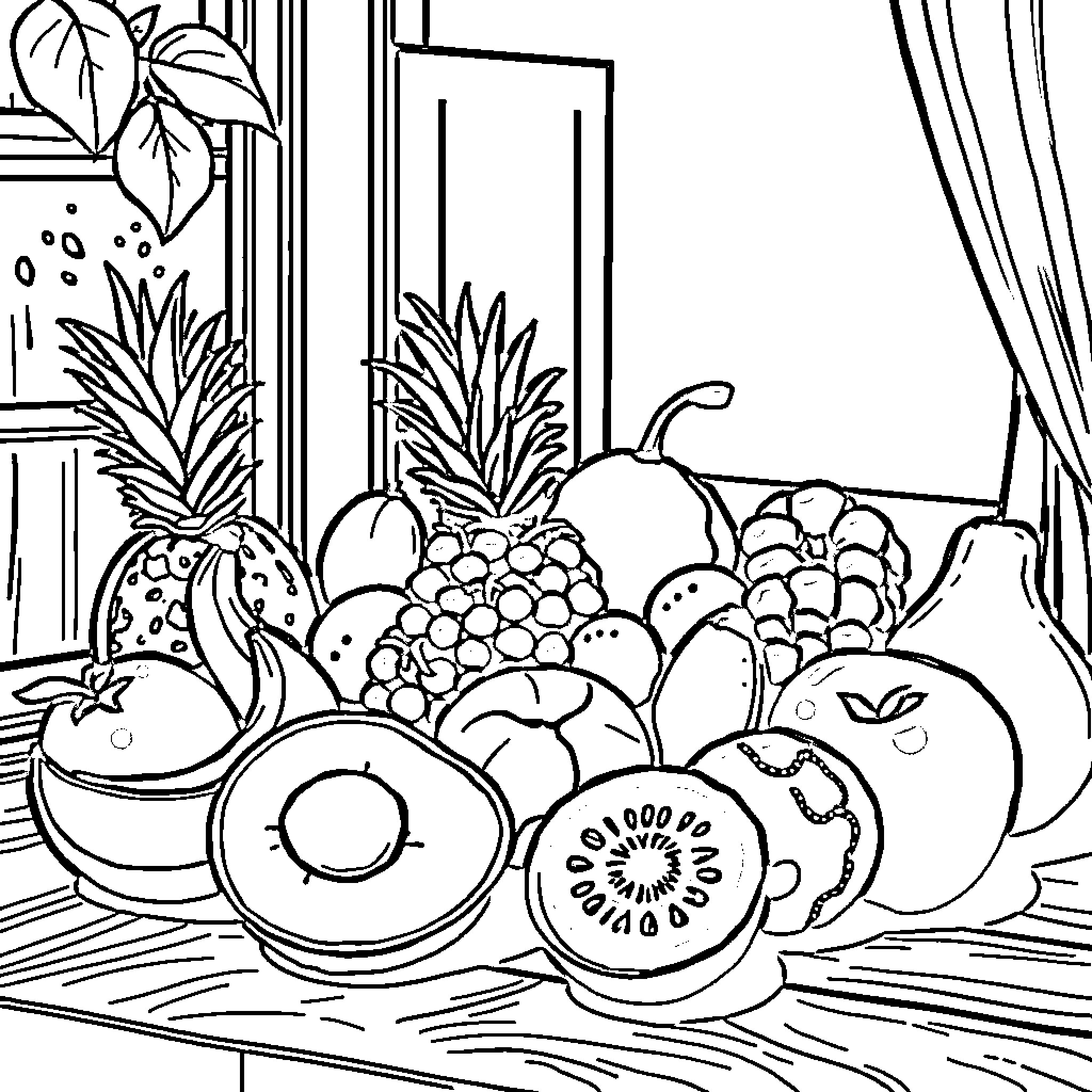 Fruit Displayed in Bountiful Arrangement Coloring Page (free black-and-white line drawing printable PDF for all, from beginners to advanced learners, including children, teens, adults, and seniors)