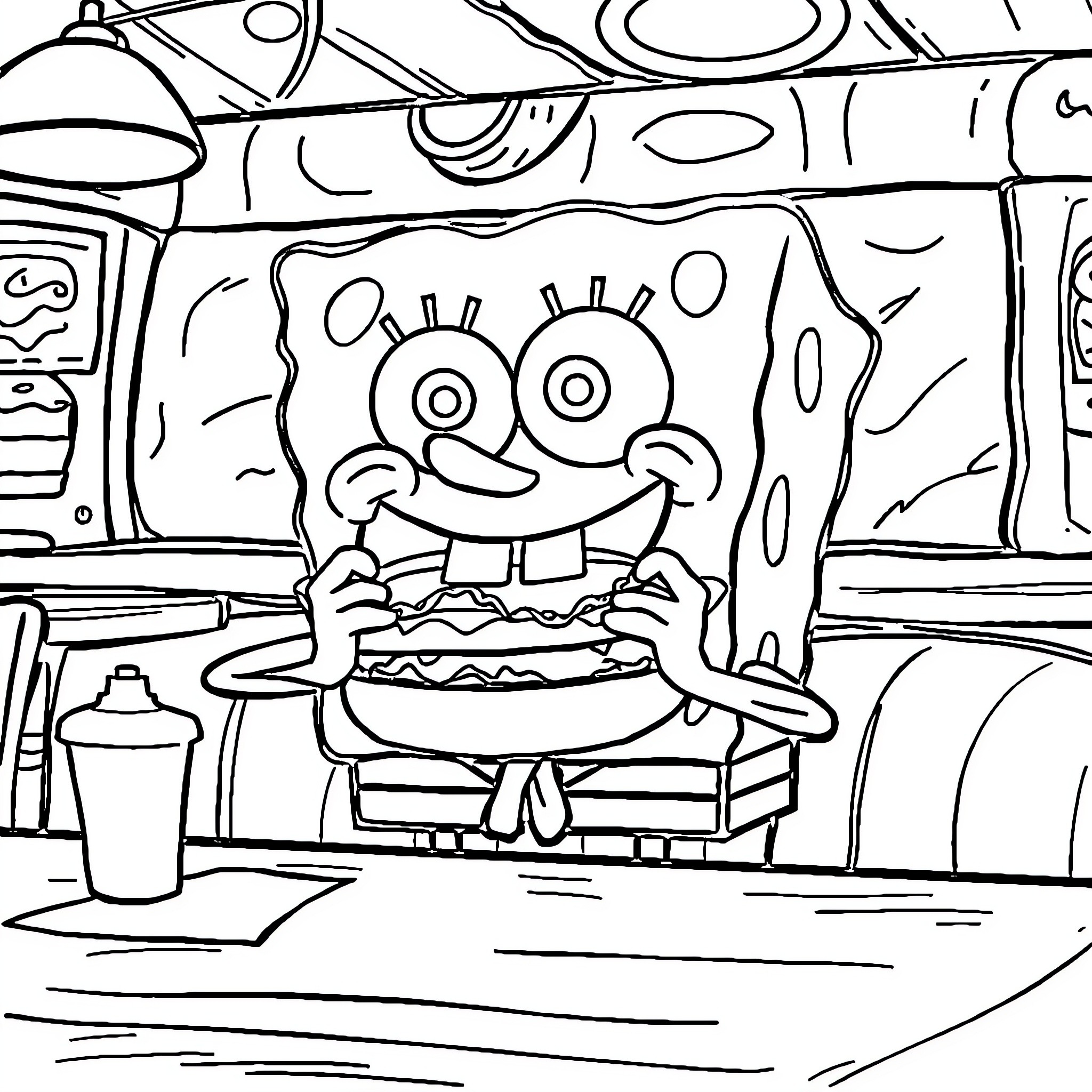 Spongebob serving delicious burger in his kitchen Coloring Page (free black-and-white line drawing printable PDF for all, from beginners to advanced learners, including children, teens, adults, and seniors)