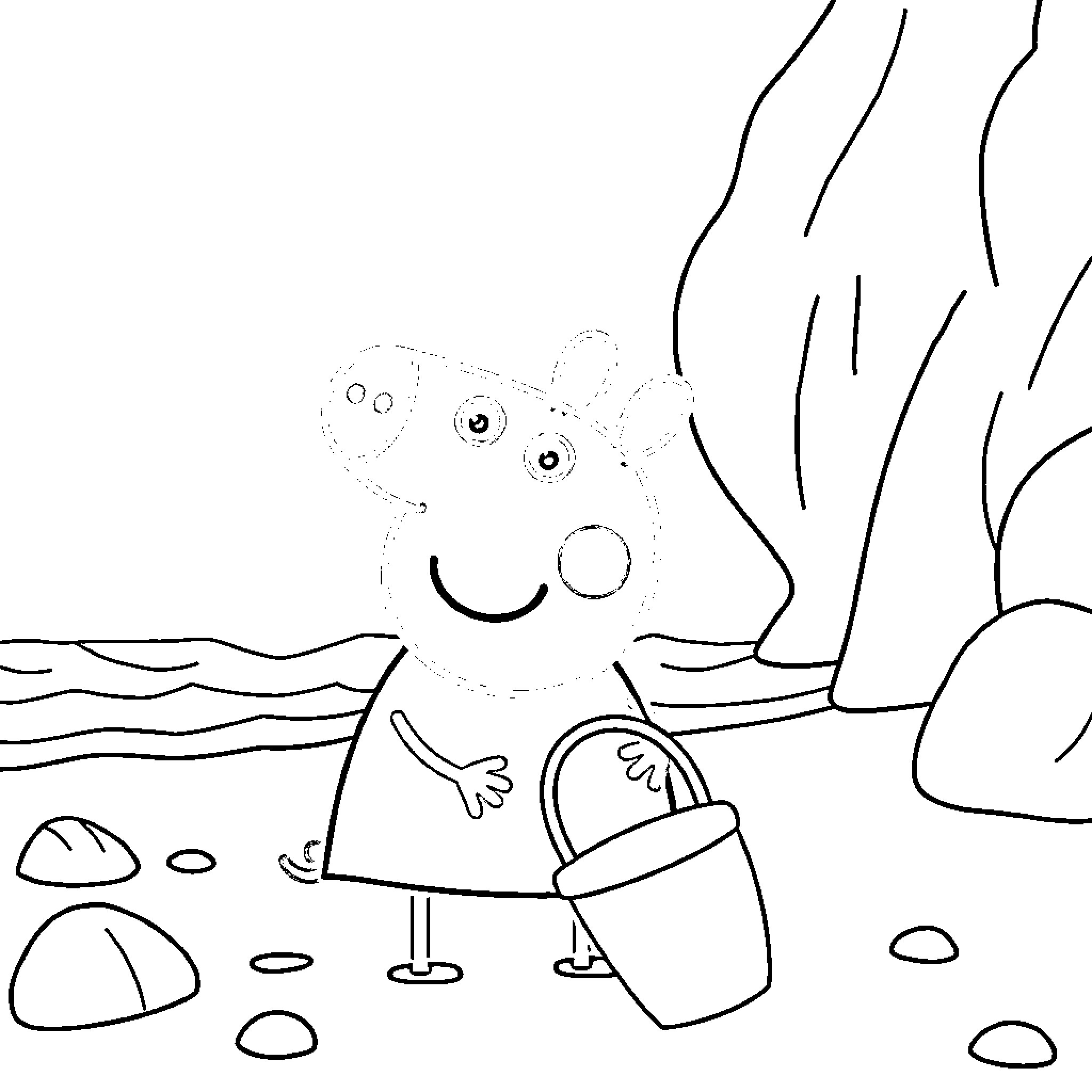 Peppa Pig enjoying a day at the beach Coloring Page (free black-and-white line drawing printable PDF for all, from beginners to advanced learners, including children, teens, adults, and seniors)