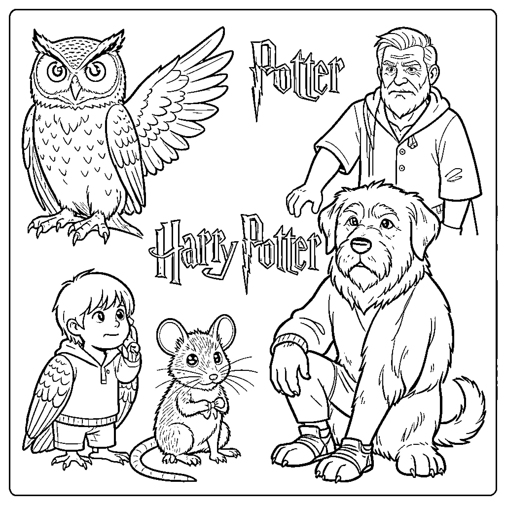 Harry Potter Animal and character lineup with expressive faces Coloring Page (free black-and-white line drawing printable PDF for all, from beginners to advanced learners, including children, teens, adults, and seniors)