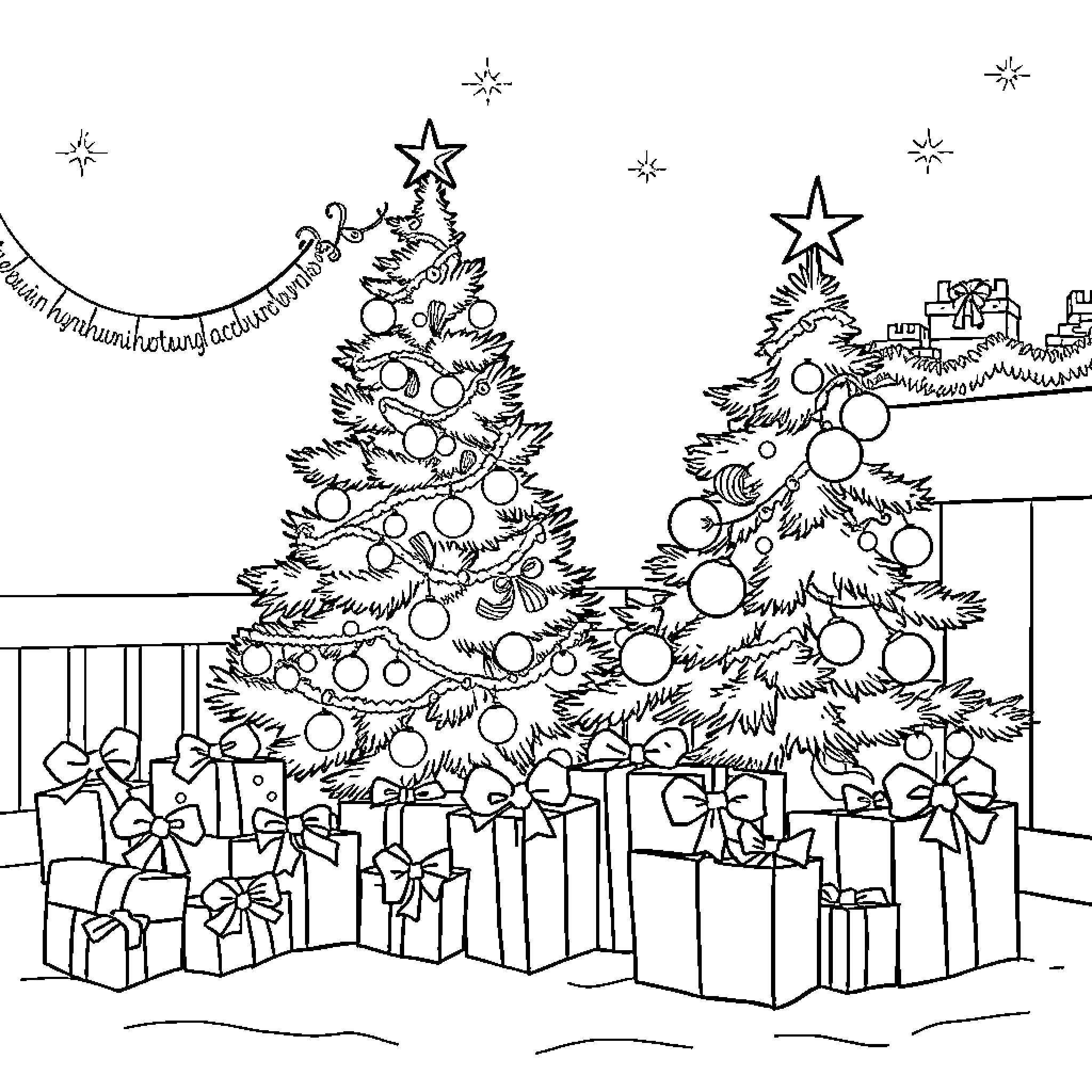 Christmas trees decorated with ornaments and presents Coloring Page (free black-and-white line drawing printable PDF for all, from beginners to advanced learners, including children, teens, adults, and seniors)