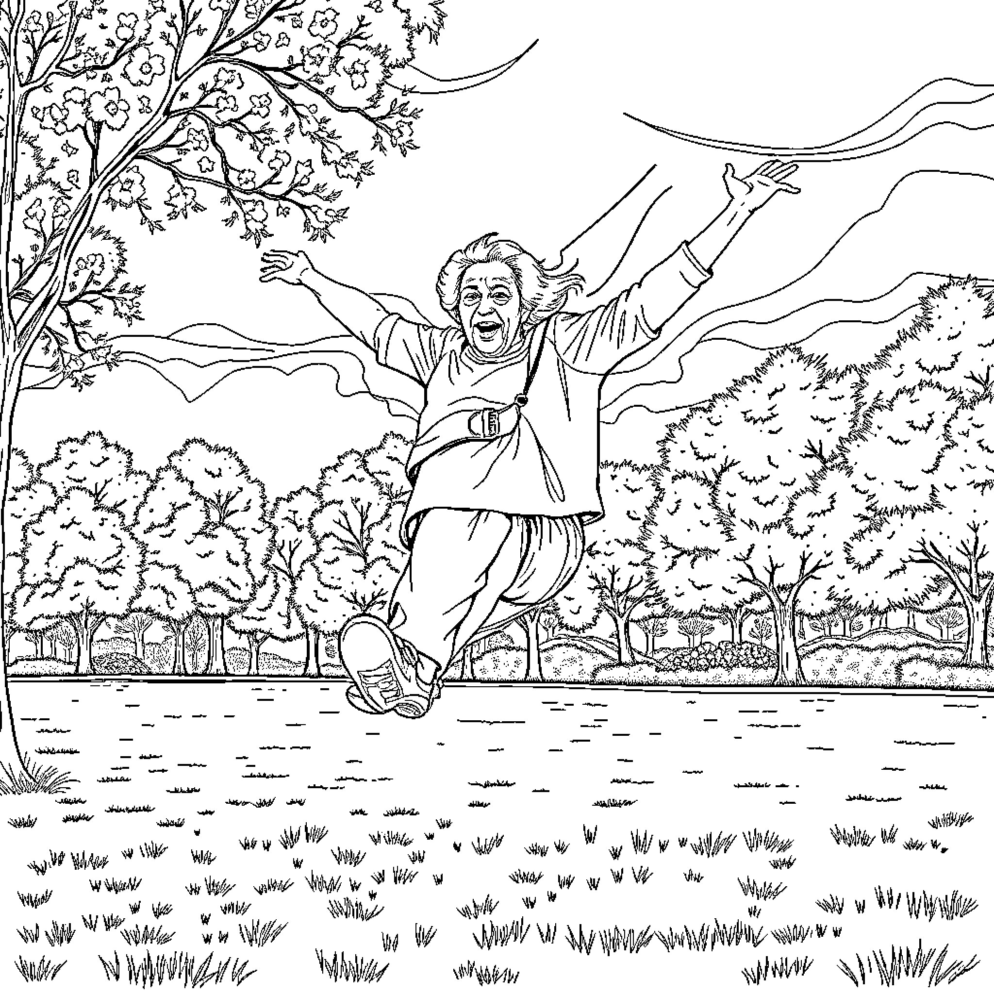 Woman joyfully running through nature landscape Coloring Page (free black-and-white line drawing printable PDF for all, from beginners to advanced learners, including children, teens, adults, and seniors)