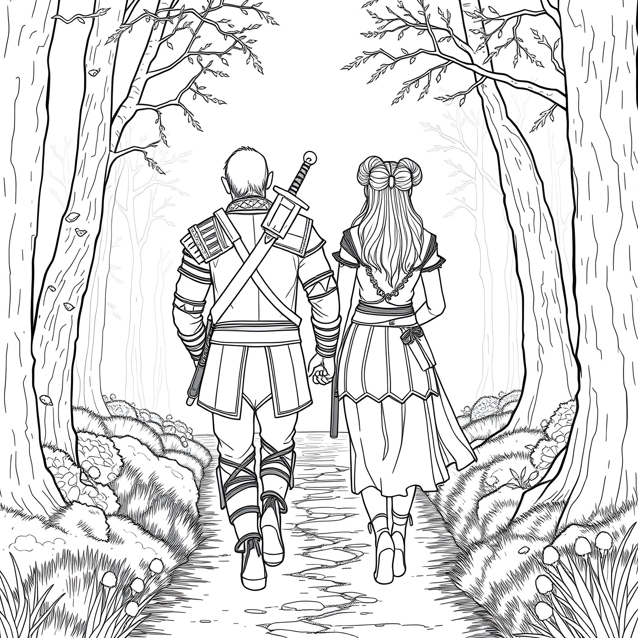 Geralt and Ciri exploring the enchanted forest Coloring Page (free black-and-white line drawing printable PDF for all, from beginners to advanced learners, including children, teens, adults, and seniors)