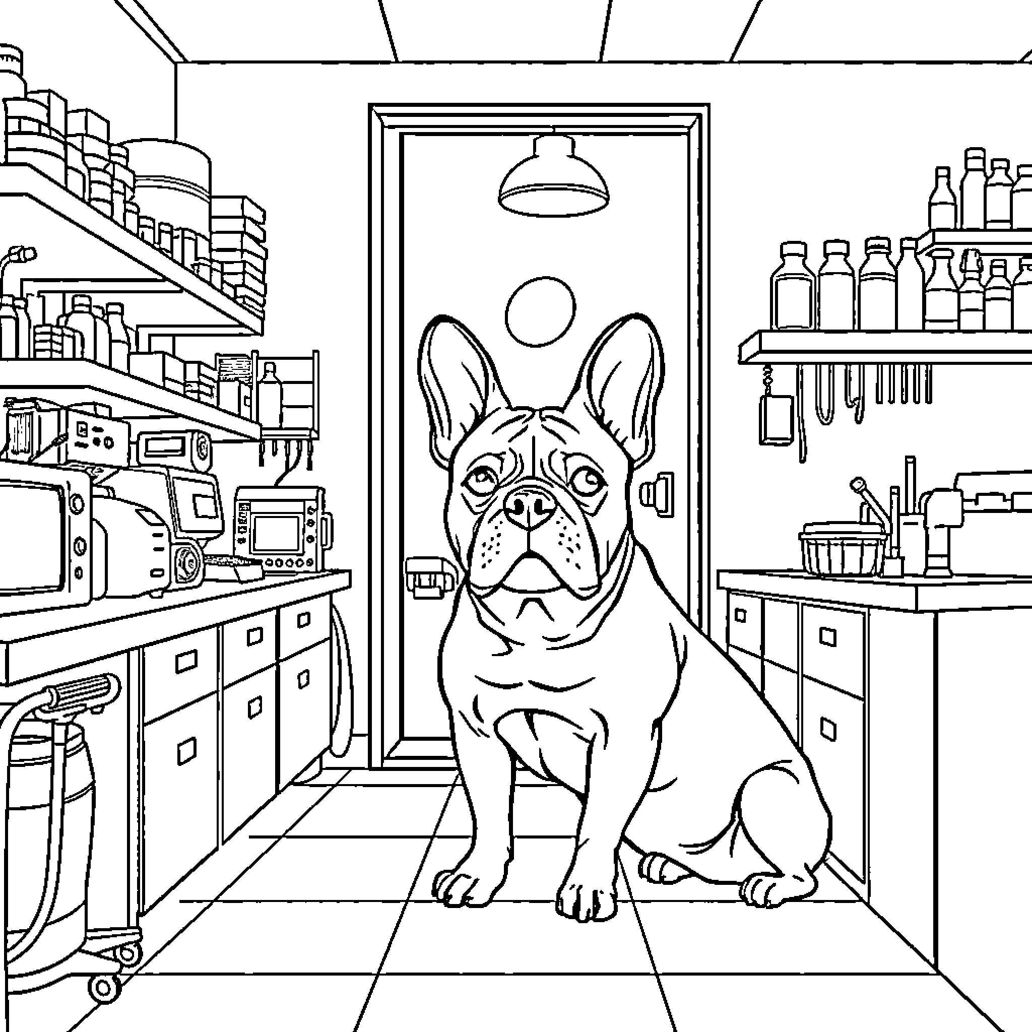 Dog sitting in a cluttered kitchen Coloring Page (free black-and-white line drawing printable PDF for all, from beginners to advanced learners, including children, teens, adults, and seniors)