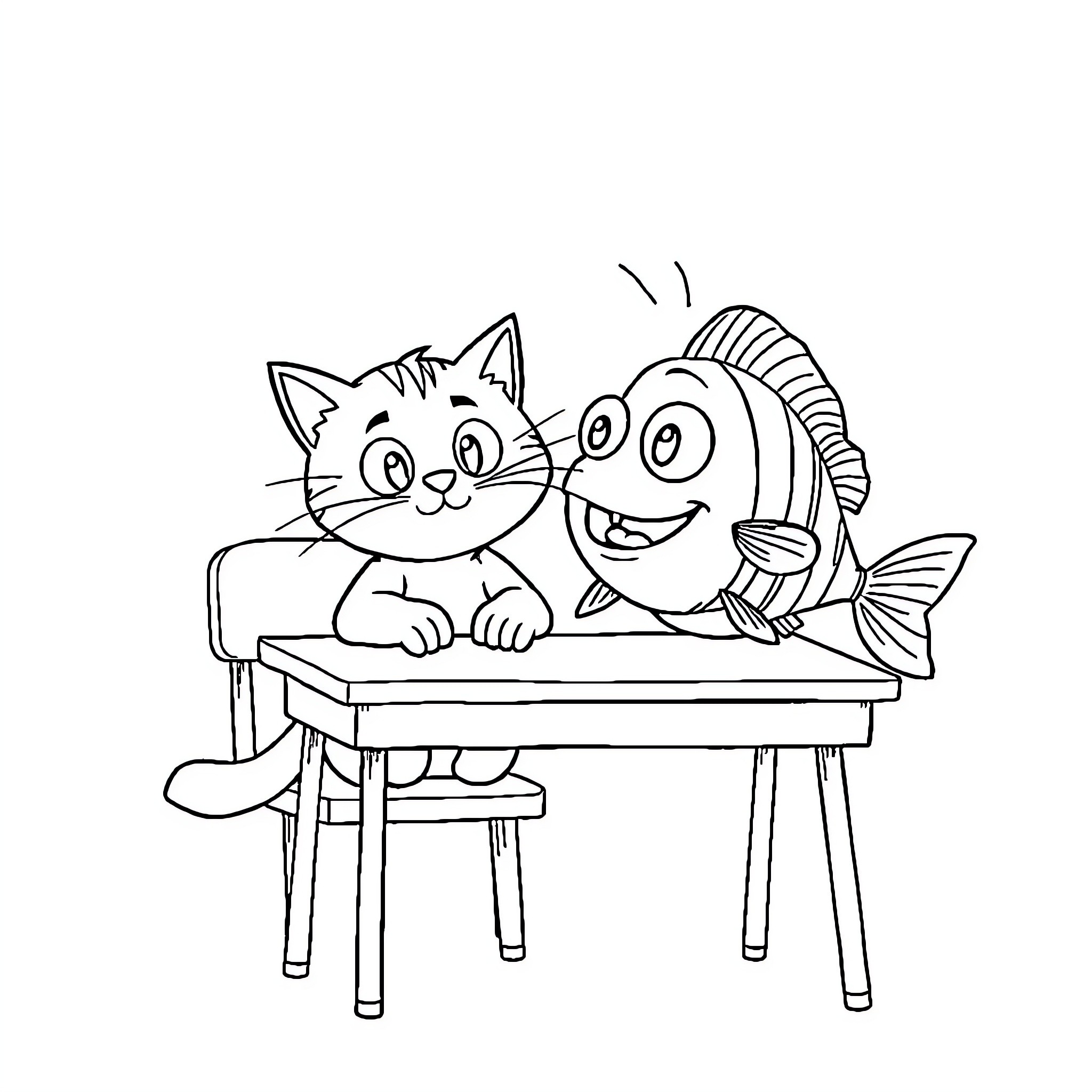 Gumball and Fish Friends Drawing Together Coloring Page (free black-and-white line drawing printable PDF for all, from beginners to advanced learners, including children, teens, adults, and seniors)