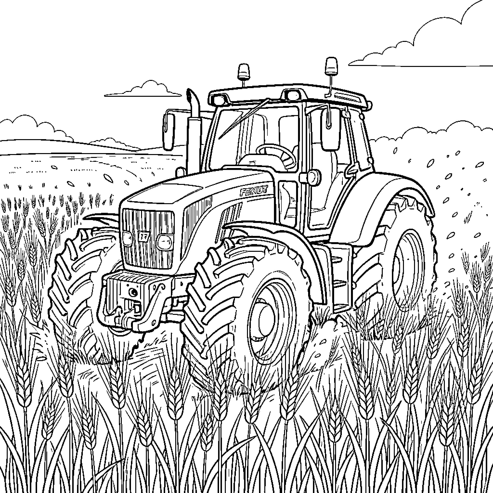 Tractor driving through a field of tall wheat Coloring Page (free black-and-white line drawing printable PDF for all, from beginners to advanced learners, including children, teens, adults, and seniors)