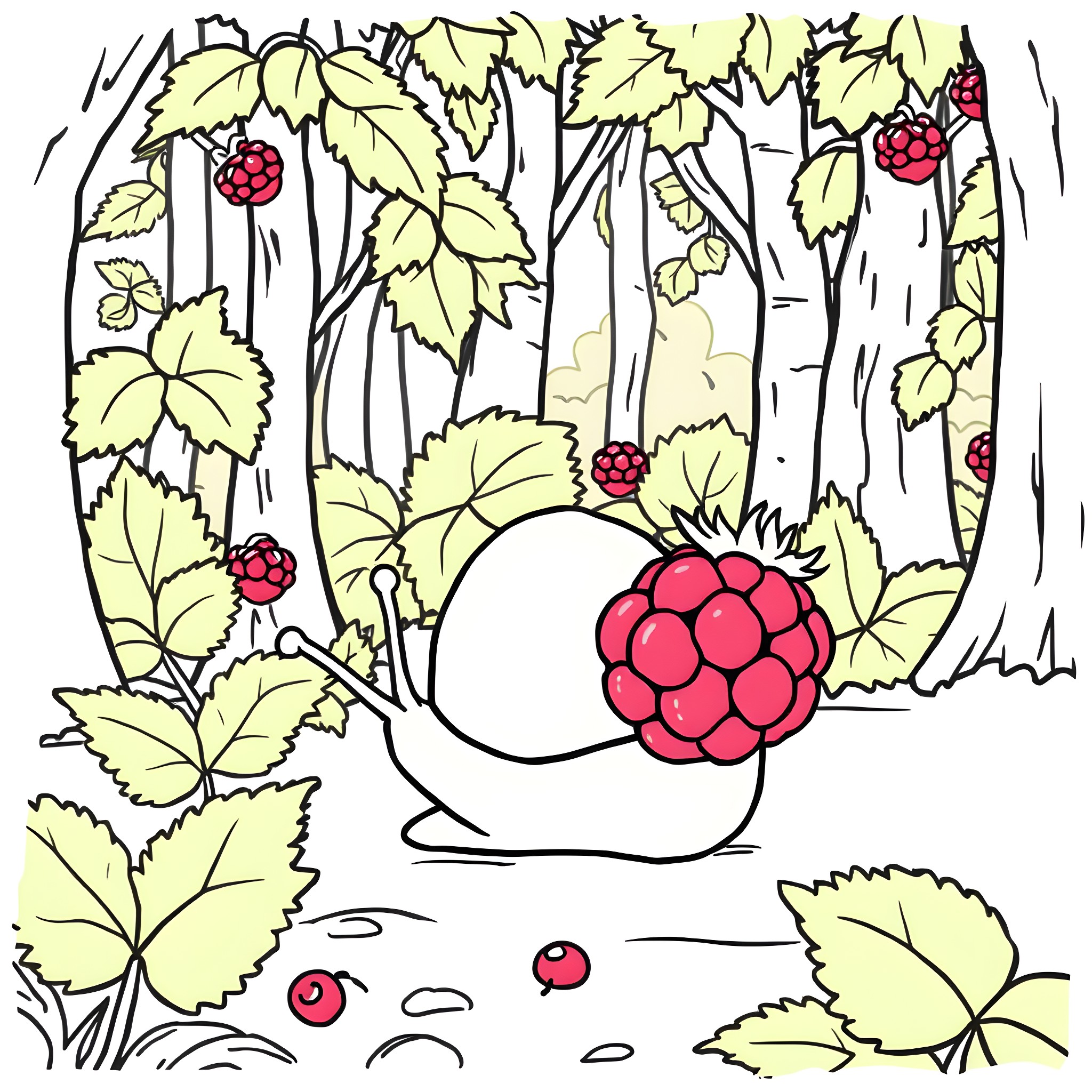 Snail exploring the lush forest with vibrant berries Coloring Page (free black-and-white line drawing printable PDF for all, from beginners to advanced learners, including children, teens, adults, and seniors)