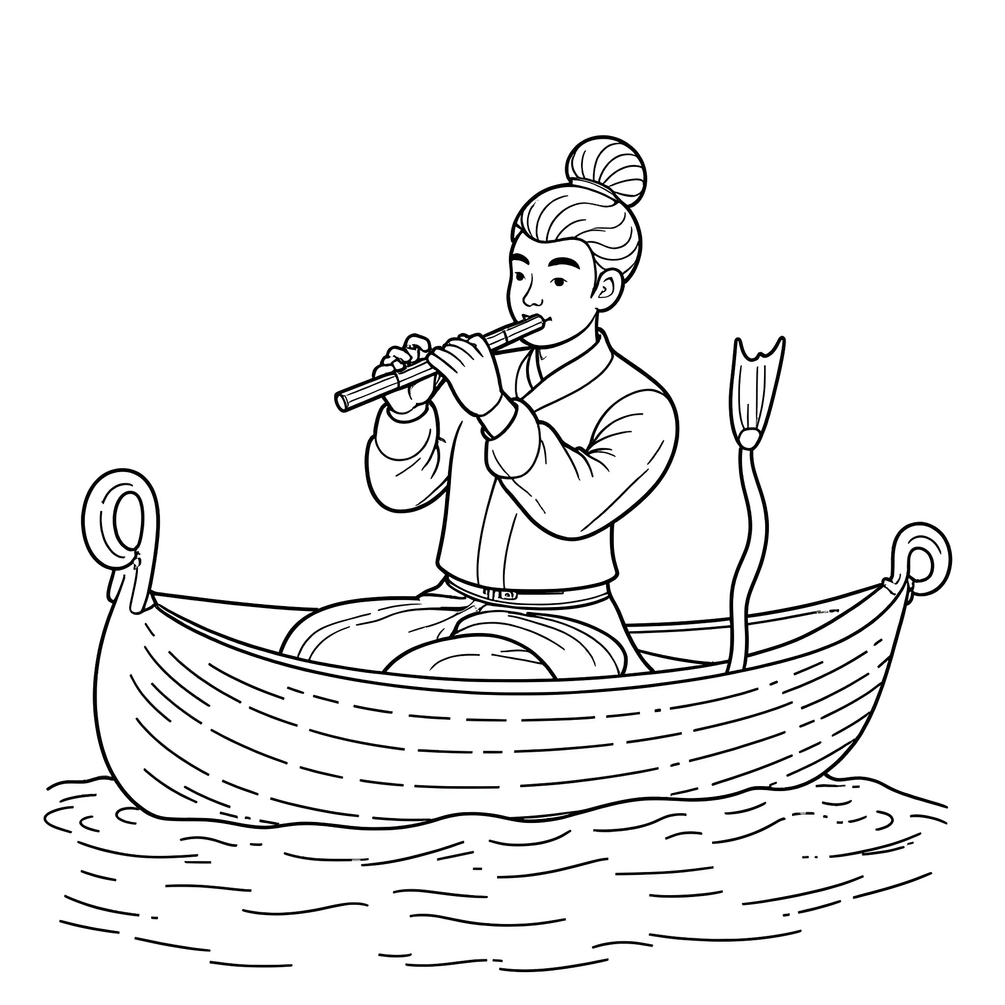 Boatman playing a flute in his boat Coloring Page (free black-and-white line drawing printable PDF for all, from beginners to advanced learners, including children, teens, adults, and seniors)