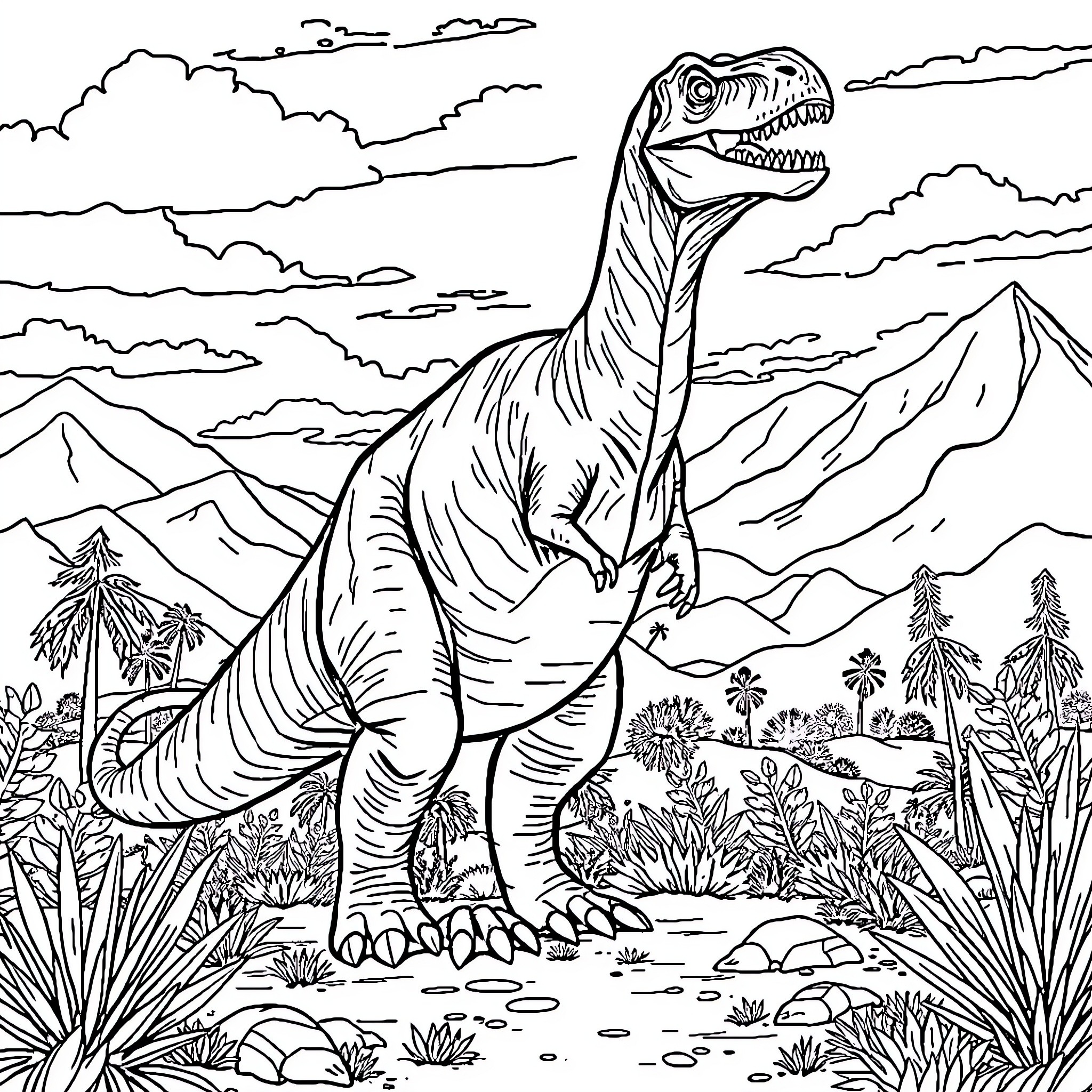 Dinosaur roaming through prehistoric landscape Coloring Page (free black-and-white line drawing printable PDF for all, from beginners to advanced learners, including children, teens, adults, and seniors)